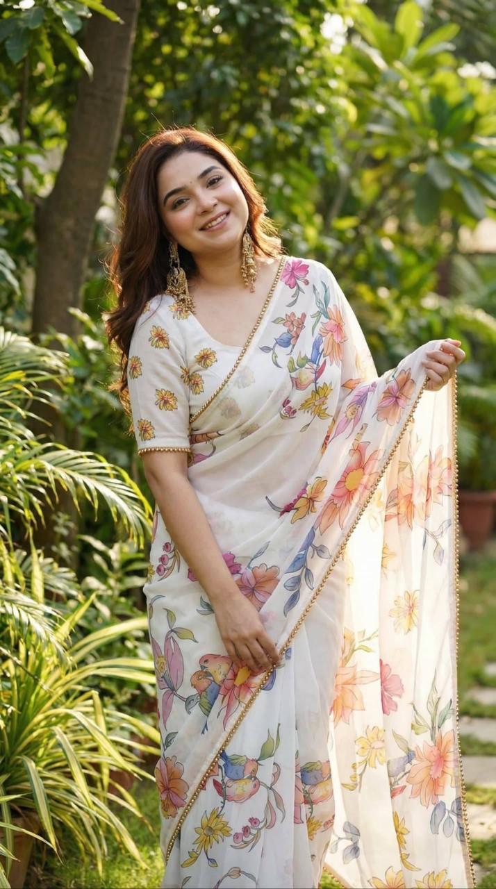 Summery Floral Organza with Pearl woven Border Ready To Wear Saree