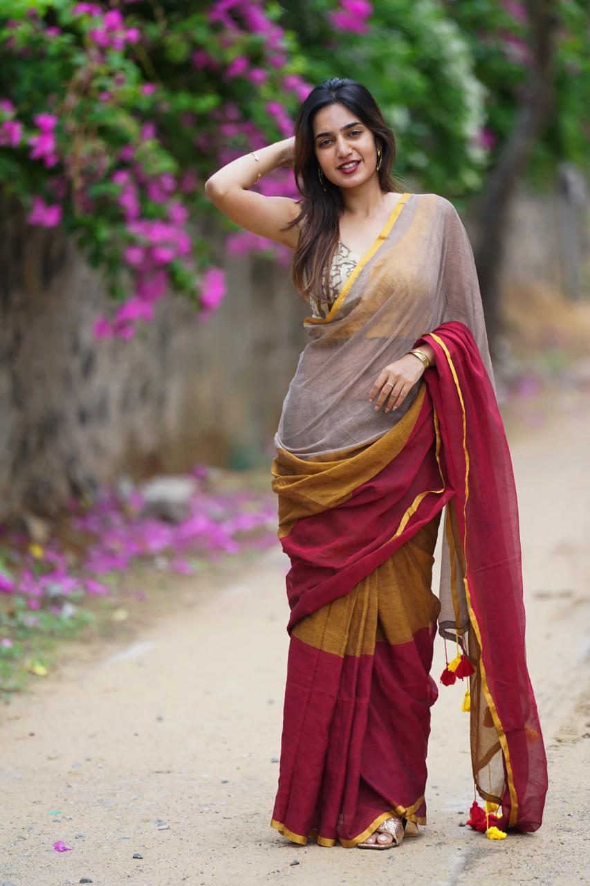 Dual Tone Linen Cotton with Contrast Pallu Ready To Wear Saree