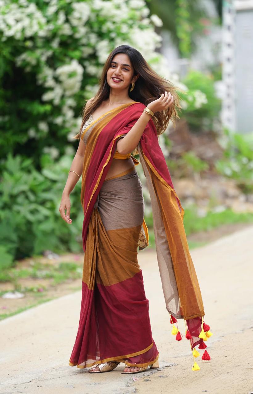 Dual Tone Linen Cotton with Contrast Pallu Ready To Wear Saree