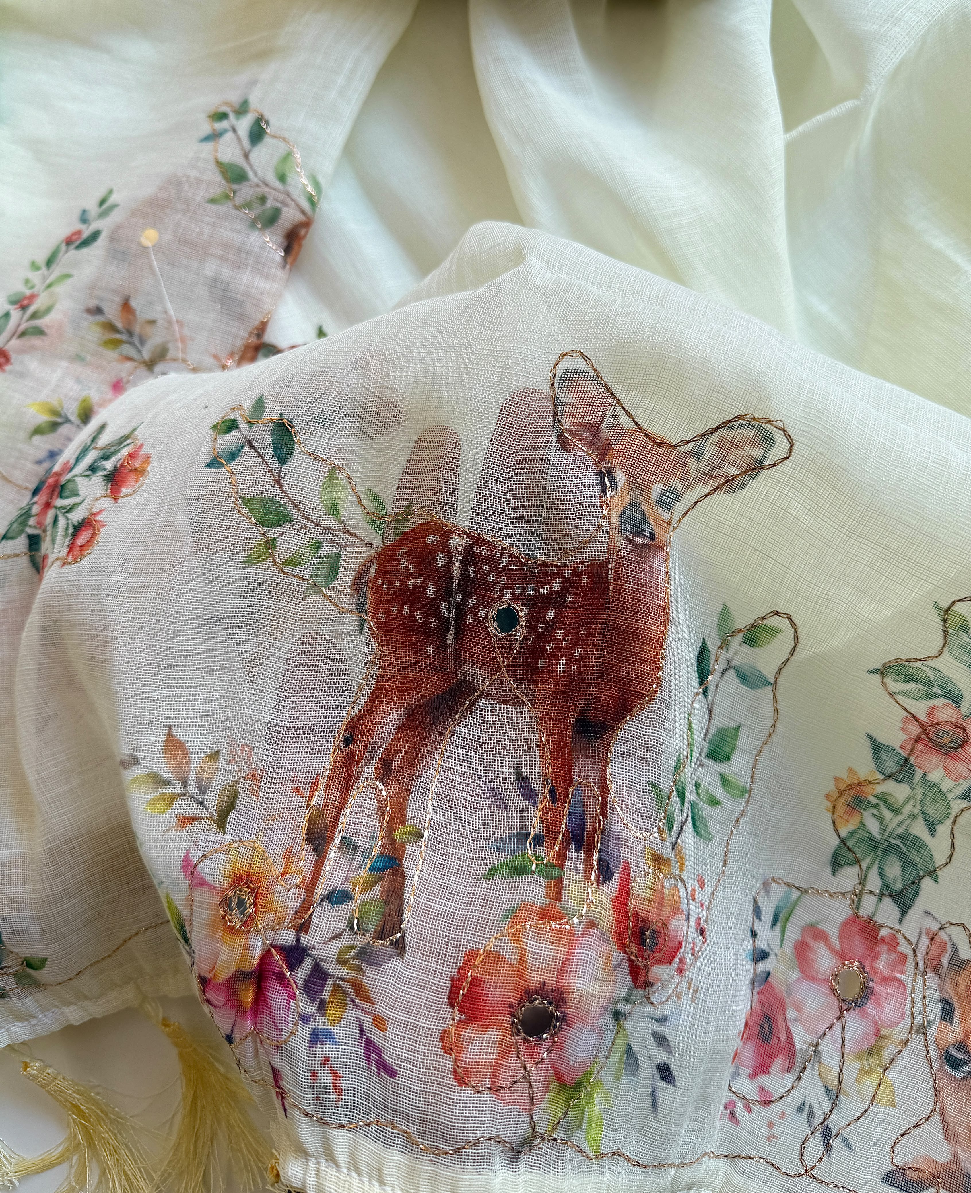 Enchanting Deer Floral Print Linen Tissue with Tassel Pallu Ready To Wear Saree