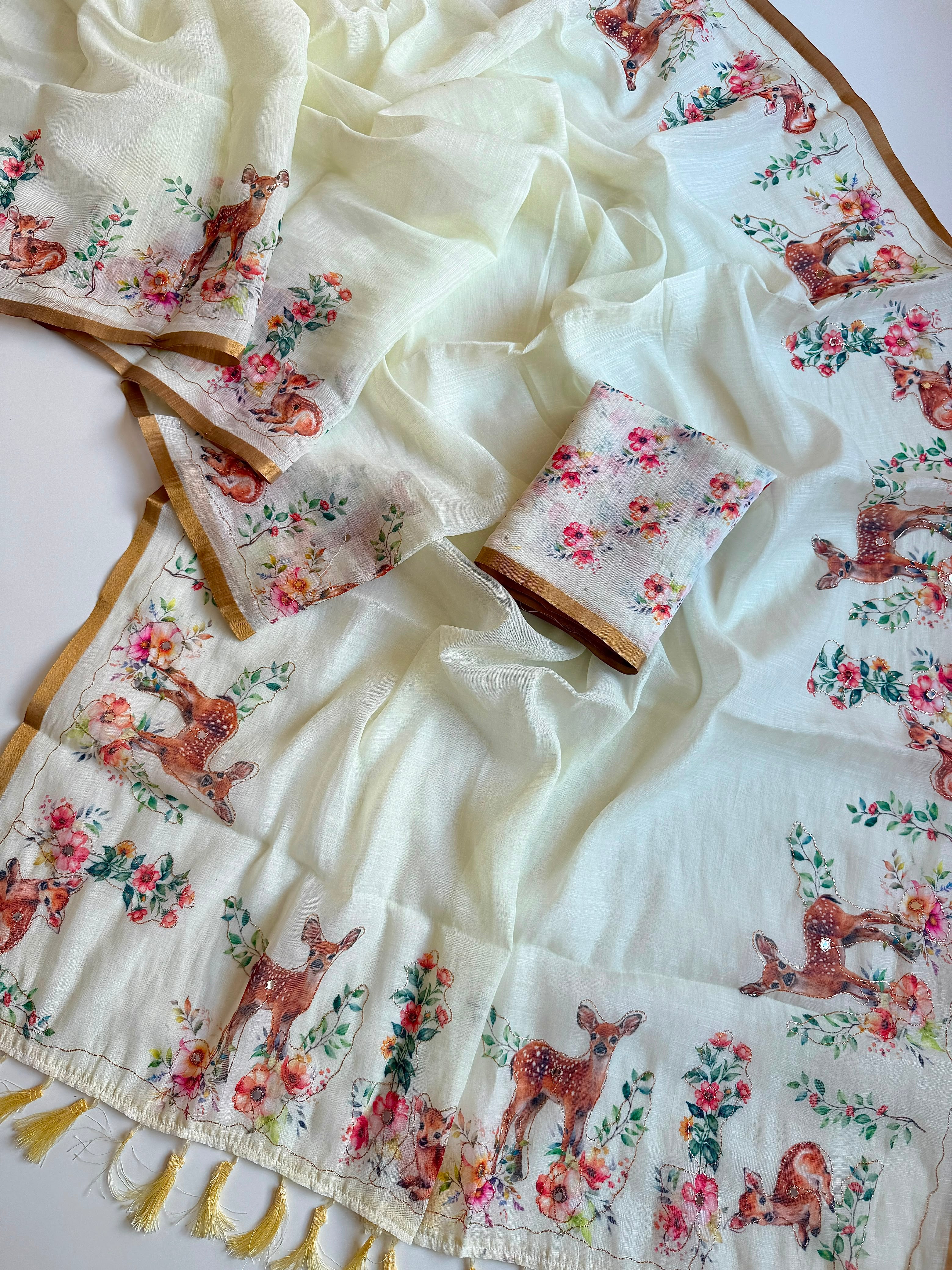 Enchanting Deer Floral Print Linen Tissue with Tassel Pallu Ready To Wear Saree