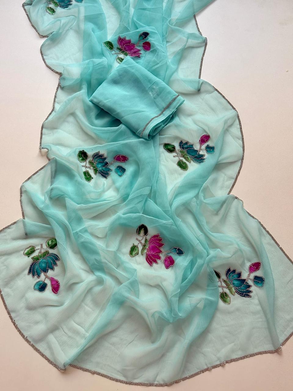 Aqua Blue Chiffon with Multicolor Floral Hand Embroidery Ready To Wear Saree