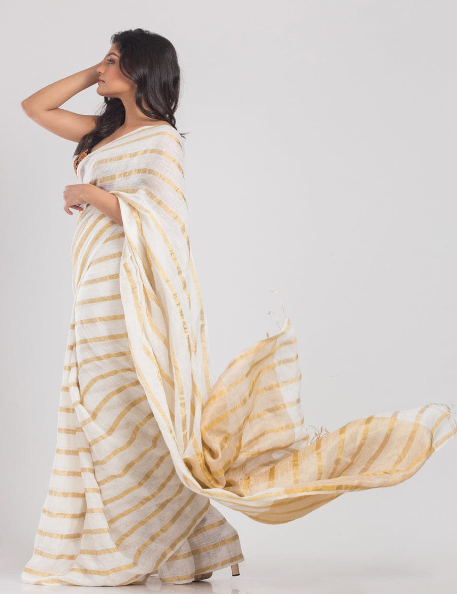 Elegant Off-White Linen Cotton with Golden Zari Stripes | Lightweight Festive & Casual Ready To Wear Saree Wear