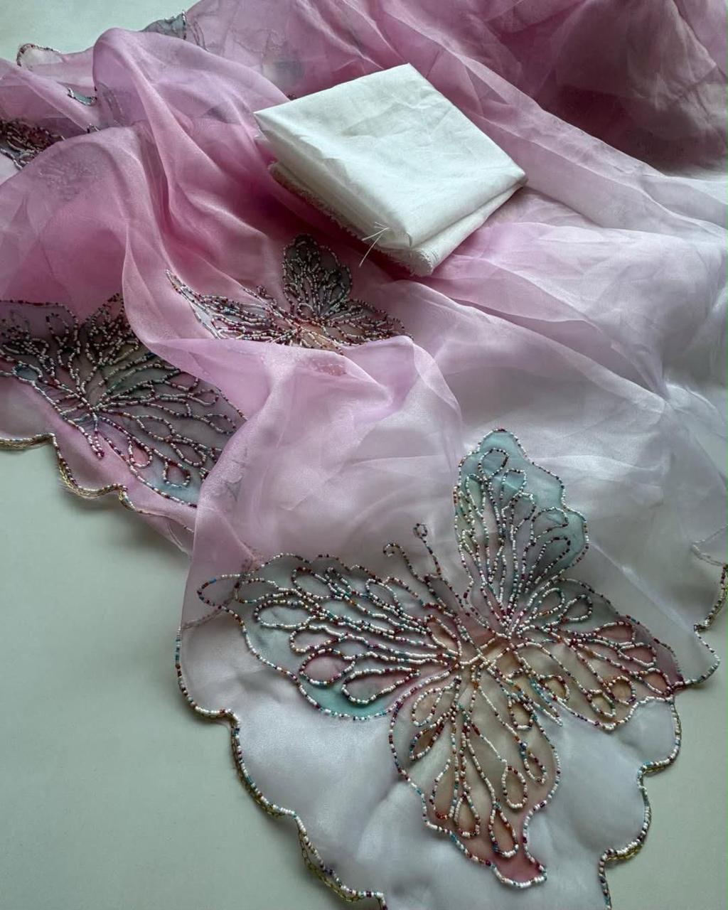 Elegant Baby Pink Organza Saree with Handcrafted Butterfly Bead Embroidery | Ready-to-Wear Saree