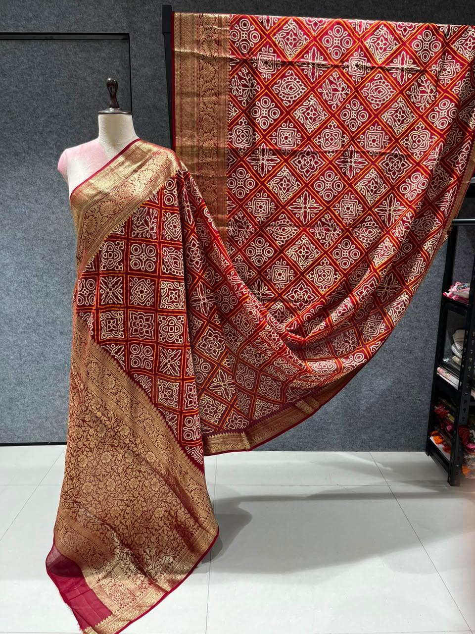 Bandhani-Inspired Semi Silk With Broad Zari Border Ready To Wear Saree