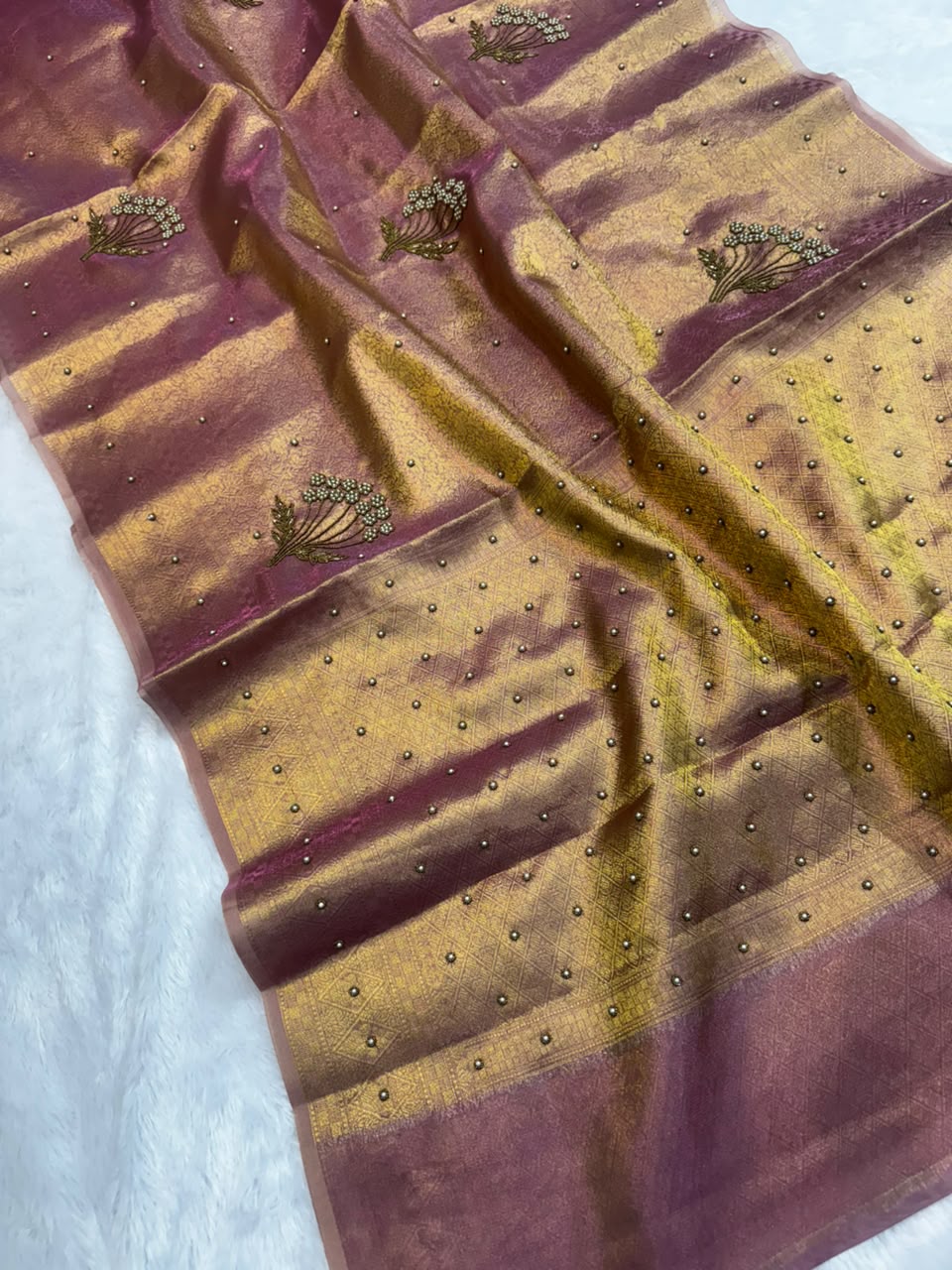 Antique Gold Embroidered Tissue Silk Ready To Wear Saree