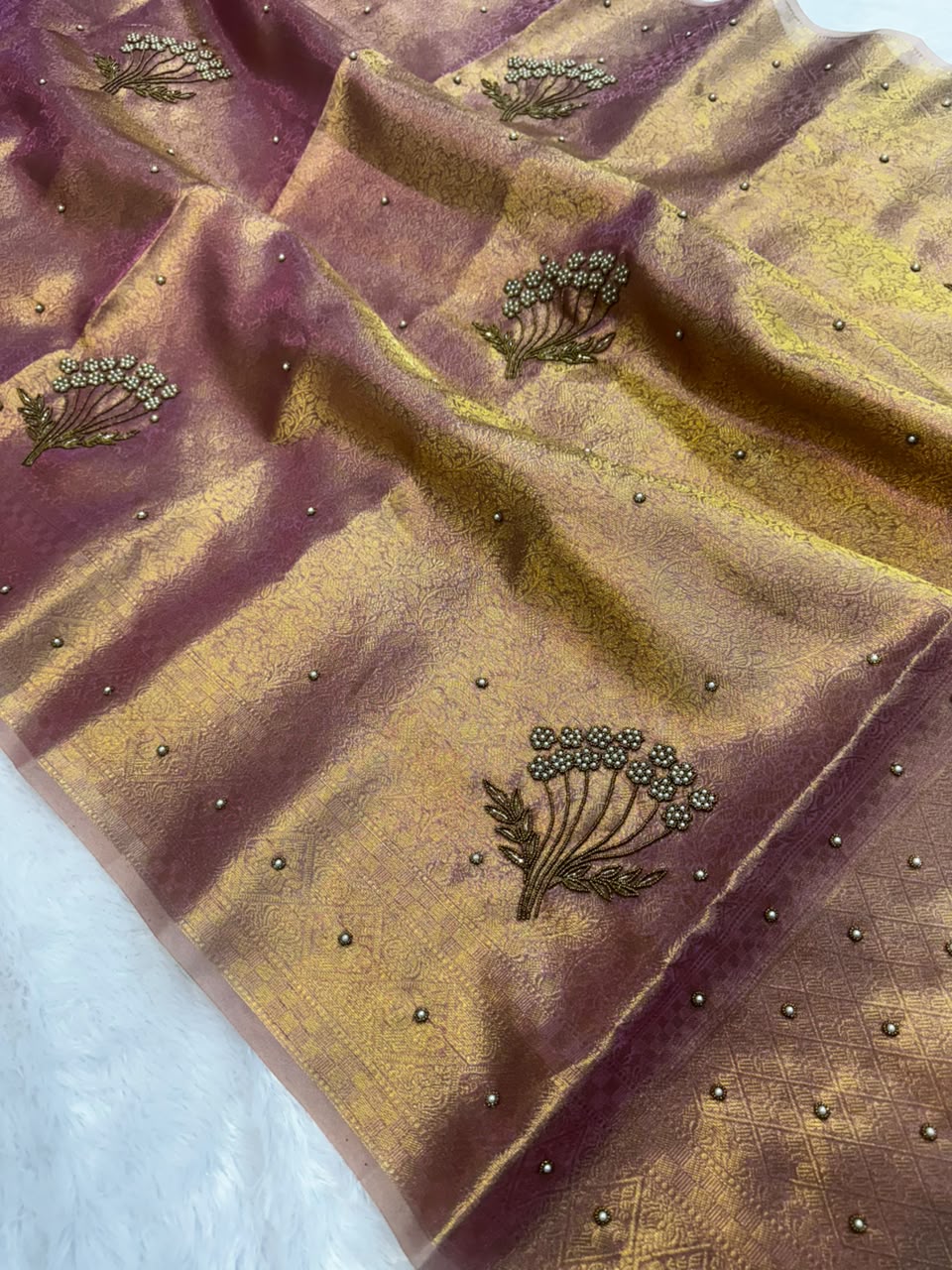Antique Gold Embroidered Tissue Silk Ready To Wear Saree