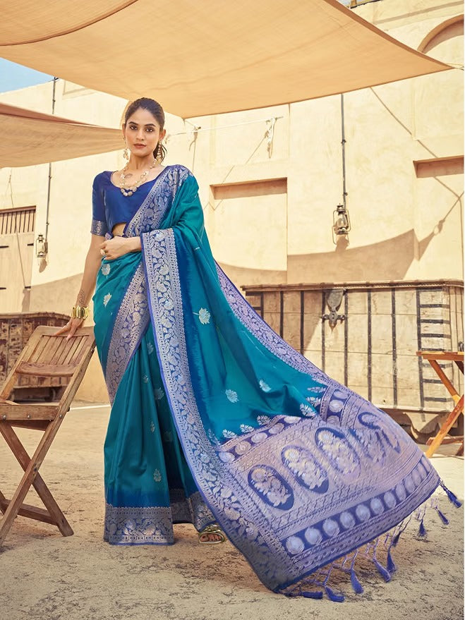 Teal Blue Woven Silk with Zari Peacock Border Ready To Wear Saree