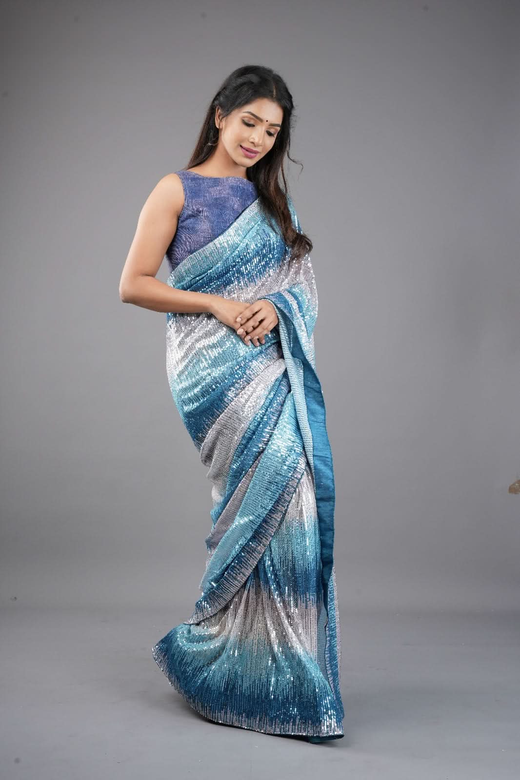 Ombre Teal, Blue, and Silver Sequin on Net Saree | Shobitam