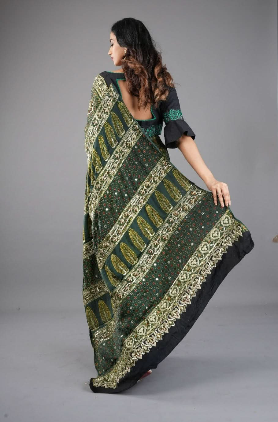 Ajrakh Hand Block Print on Green Modal Silk Saree with mirror and sequins Hand embroidery | Shobitam