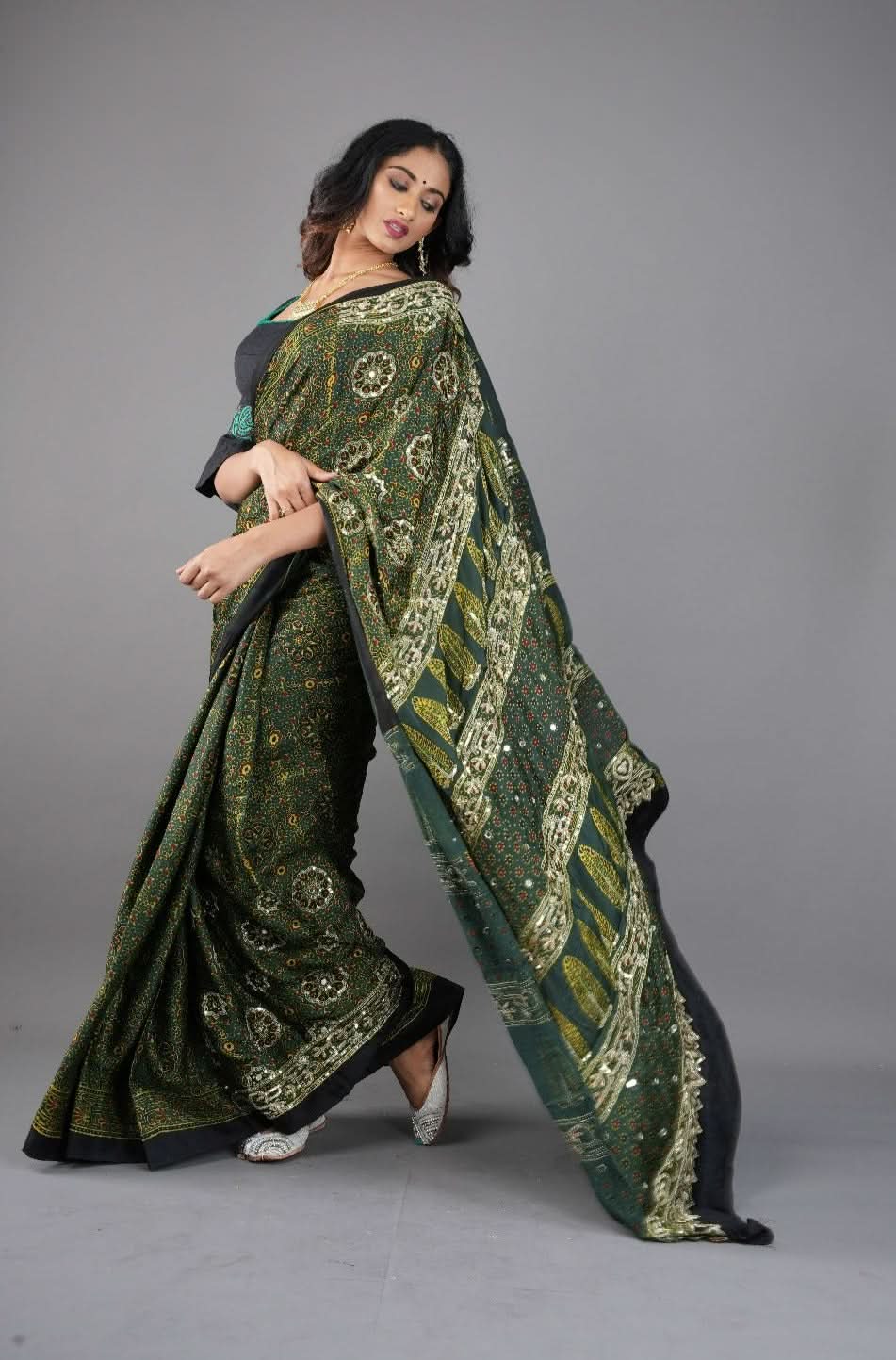 Ajrakh Hand Block Print on Green Modal Silk Saree with mirror and sequins Hand embroidery | Shobitam
