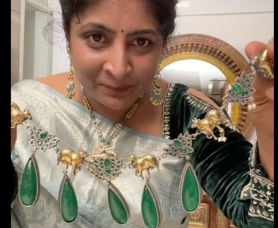 Fusion Dual Tone Jewelry with Pichwai Cow units and Green stones | Shobitam Jewelry