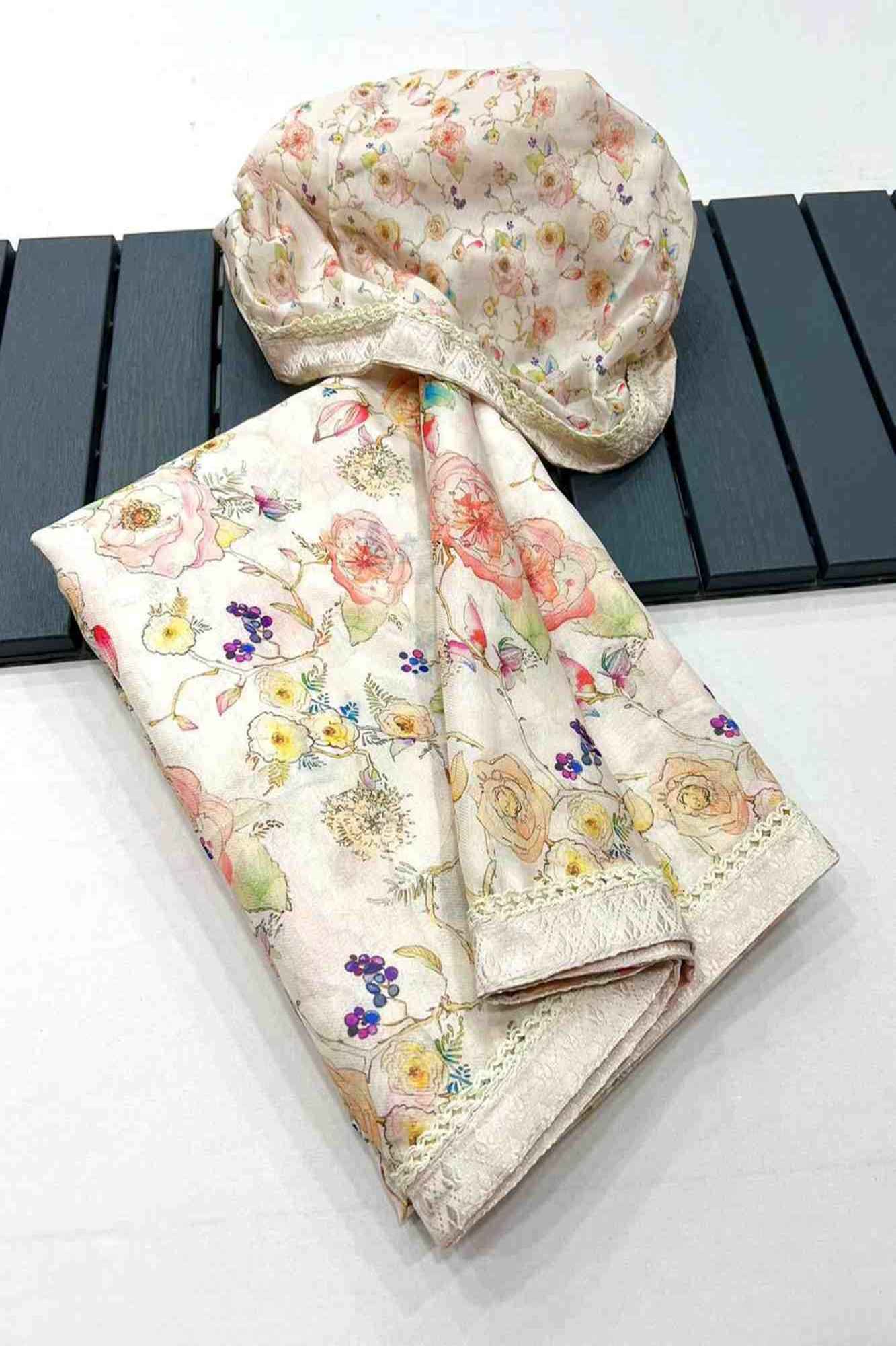 Pashmina Georgette with Floral Digital Print & Beautiful Border Ready To Wear Saree