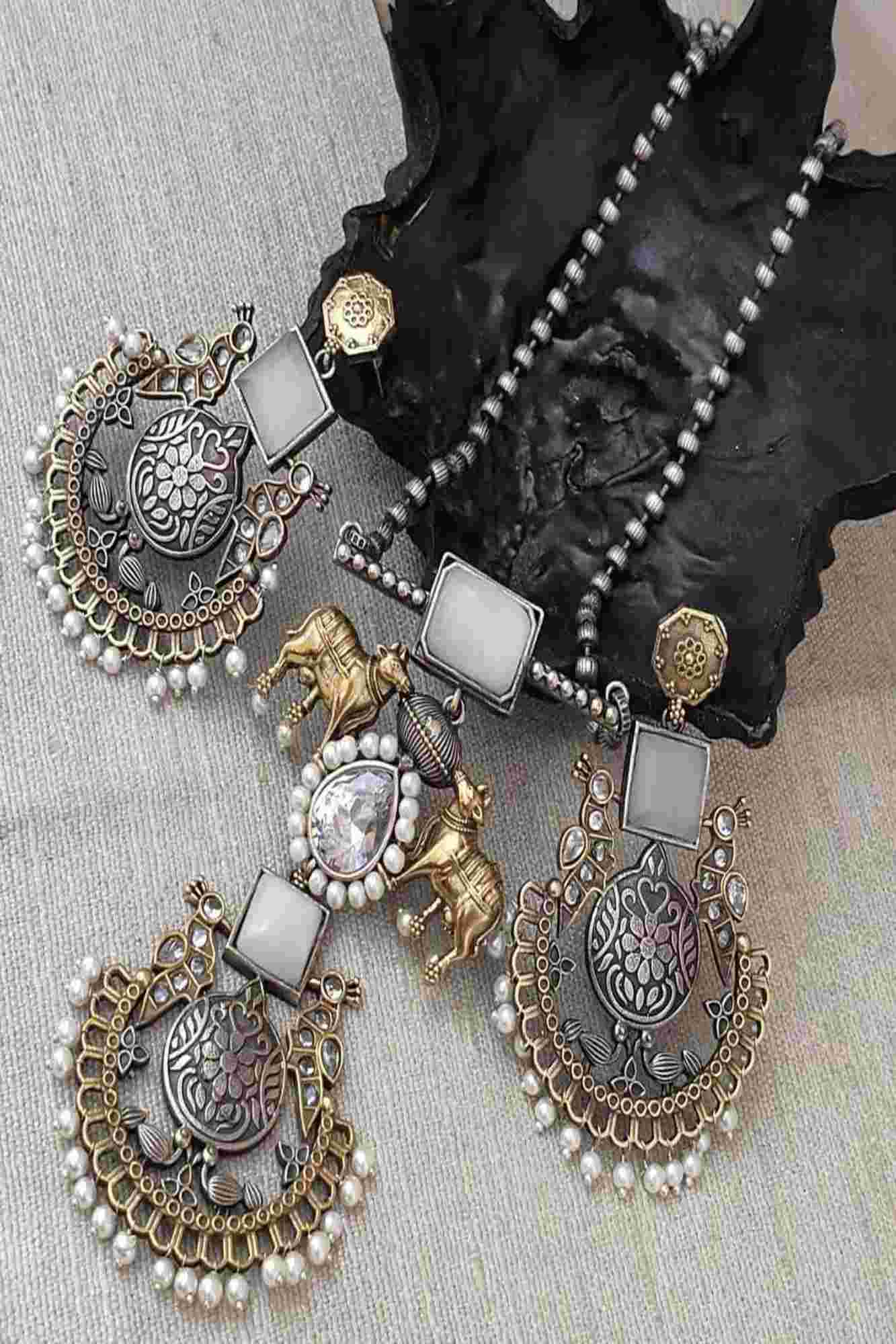 Silver Oxidized Long Necklace Set With Matching Earring Jewel Set