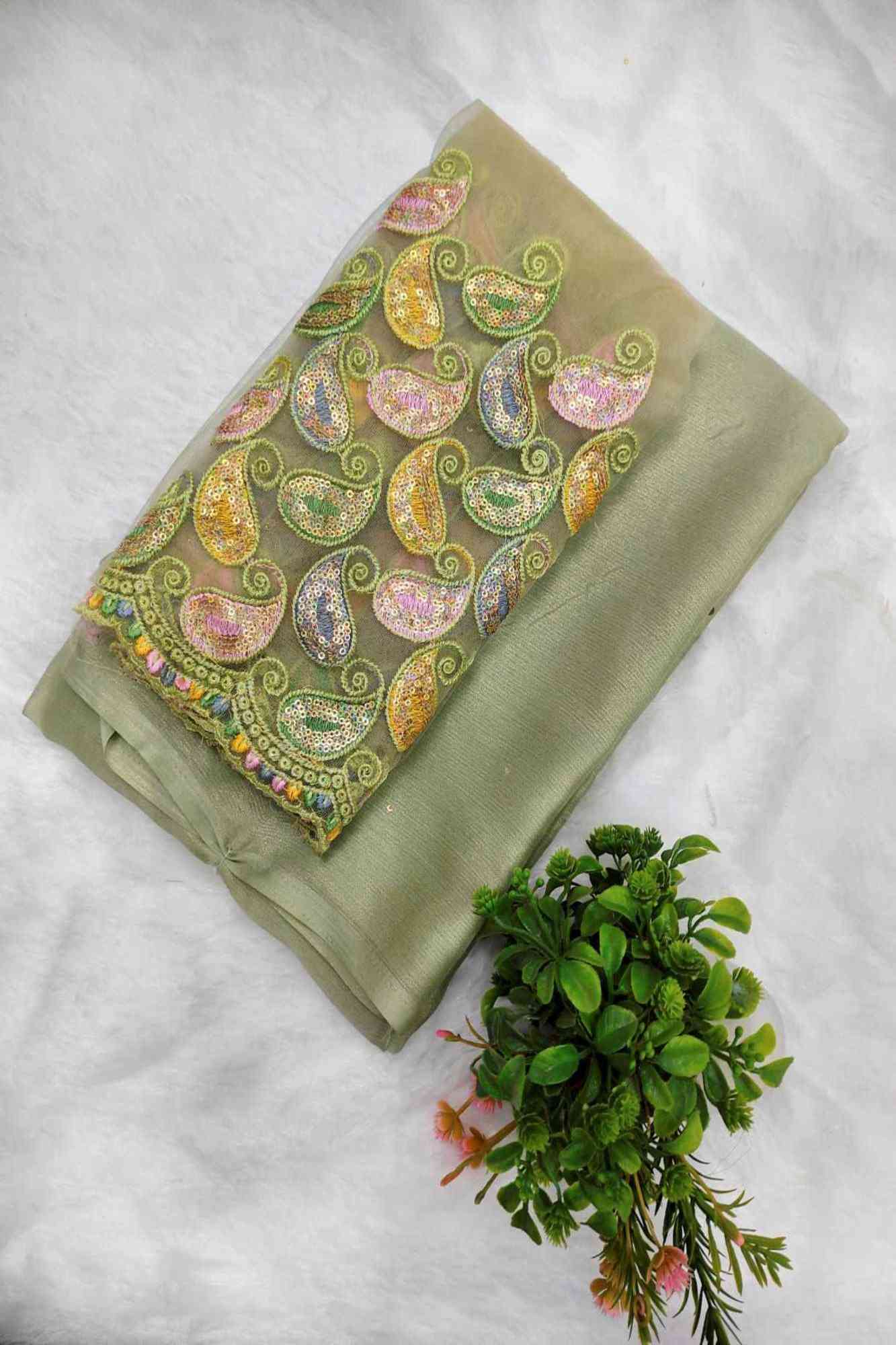 Stylish Olive green Georgette chinon with Solid and Multi-Color Embroidery Wrap in 1 minute Saree