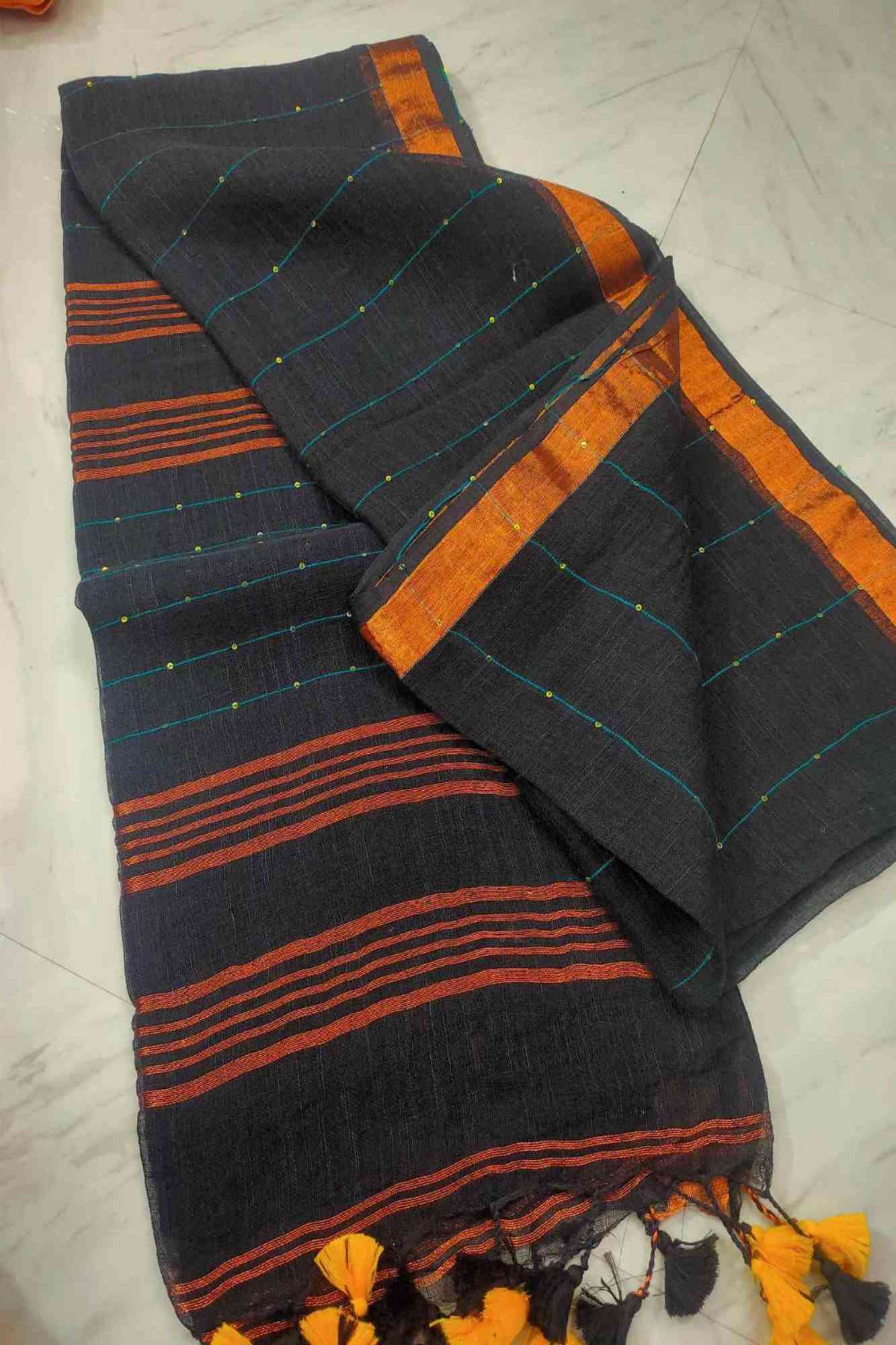 Ready To Wear Cotton Linen Sequins Woven With Contrast Border and Tassels On Palla Saree