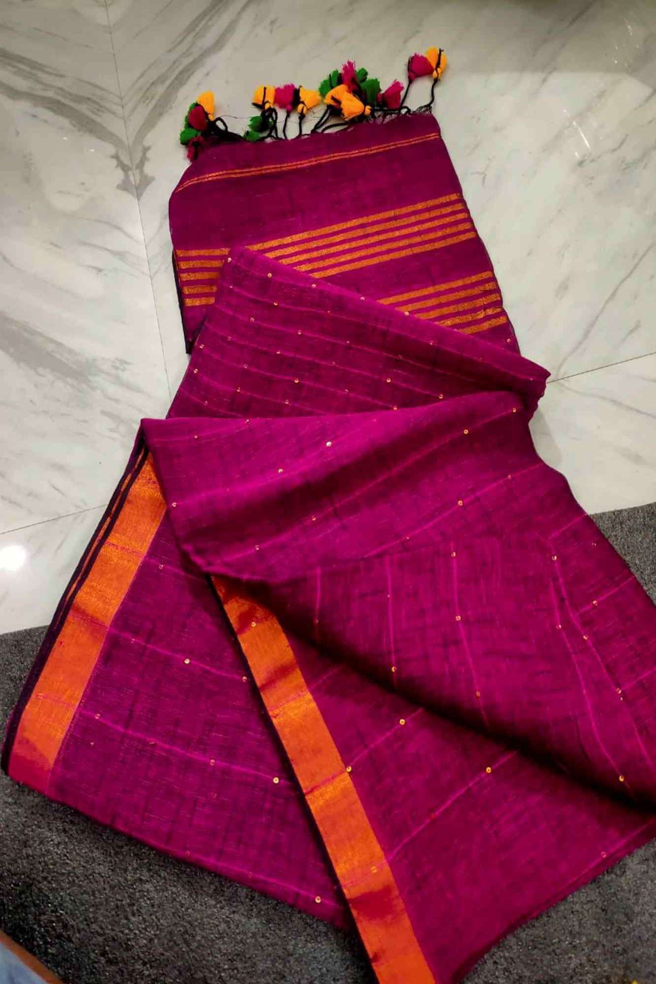 Handloom Sequins work Cotton Linen with Tassels in the Pallu, Wrap in 1 minute saree