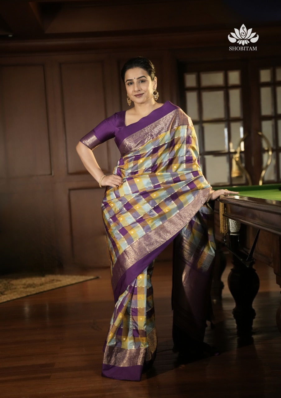 Exquisite Vidya Balan Checks Banarasi Silk Saree with Buttas and Kanjivaram Style Borders | SILK MARK CERTIFIED | Shobitam