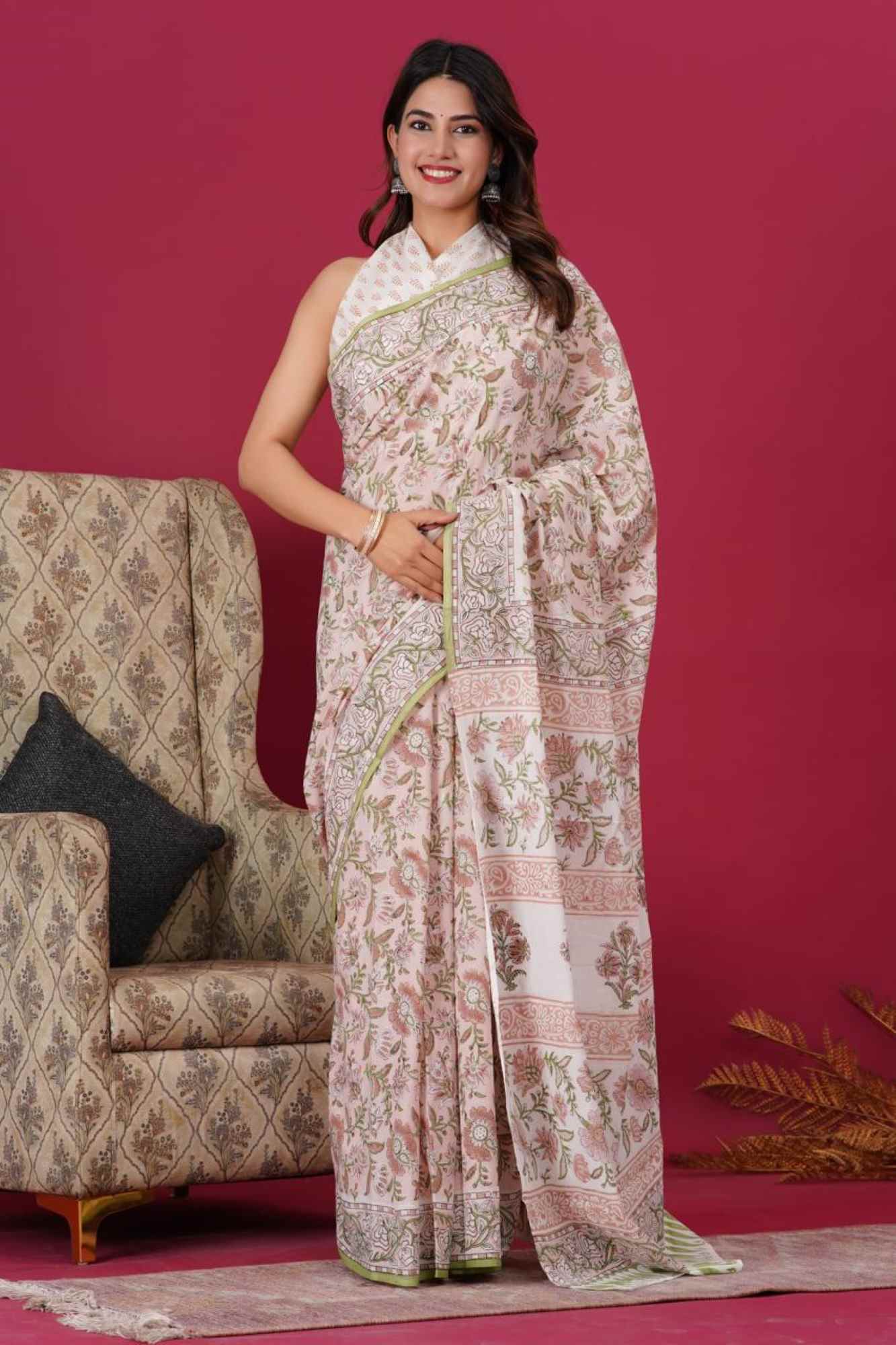 Sanganeri Block Printed Soft Mul Mul cotton pre pleated ready To Wear Saree