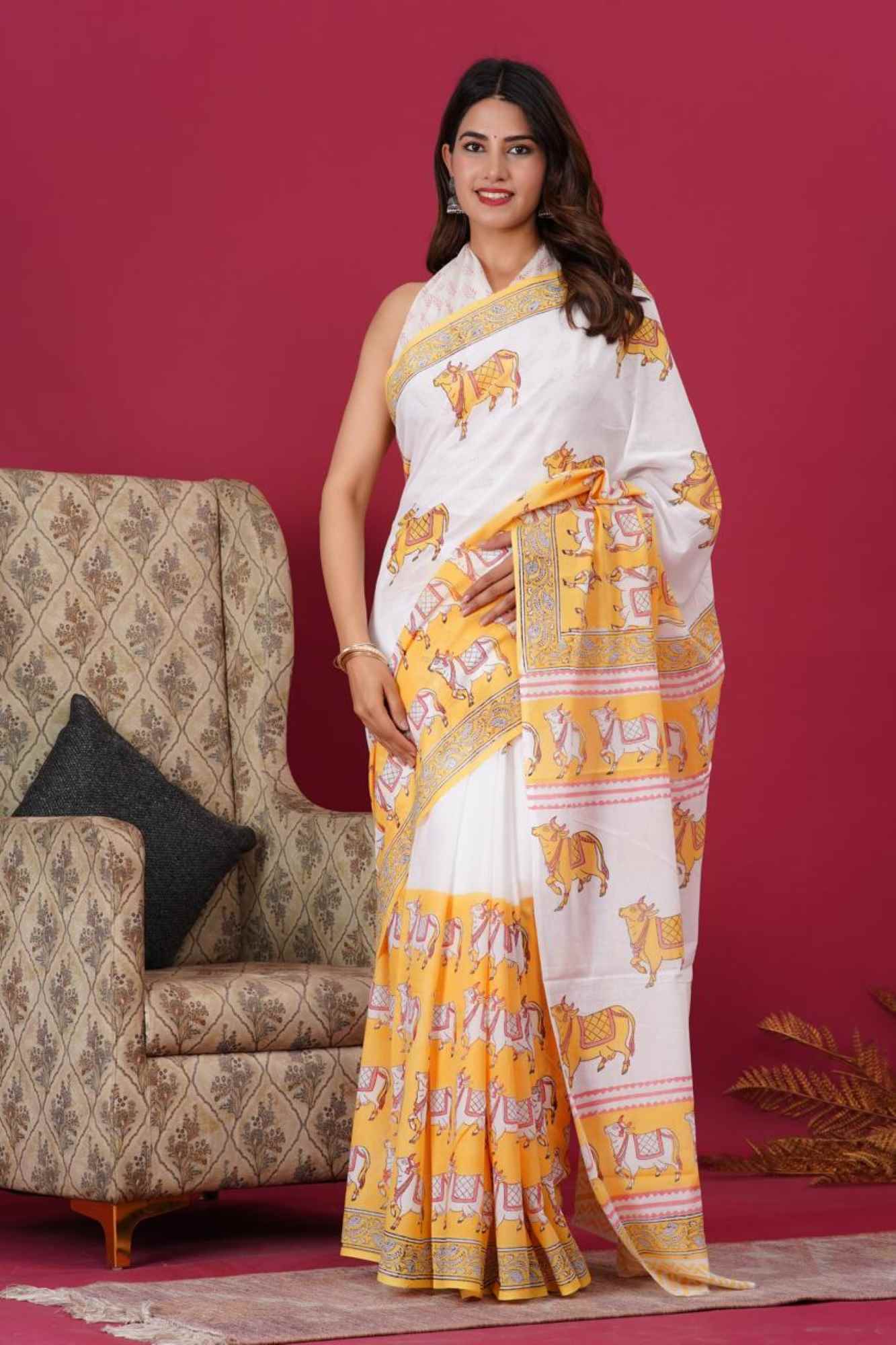 Ready to Wear Pure Mulmul Cotton Vegetable Dye Hand Block All over Cow Print Saree