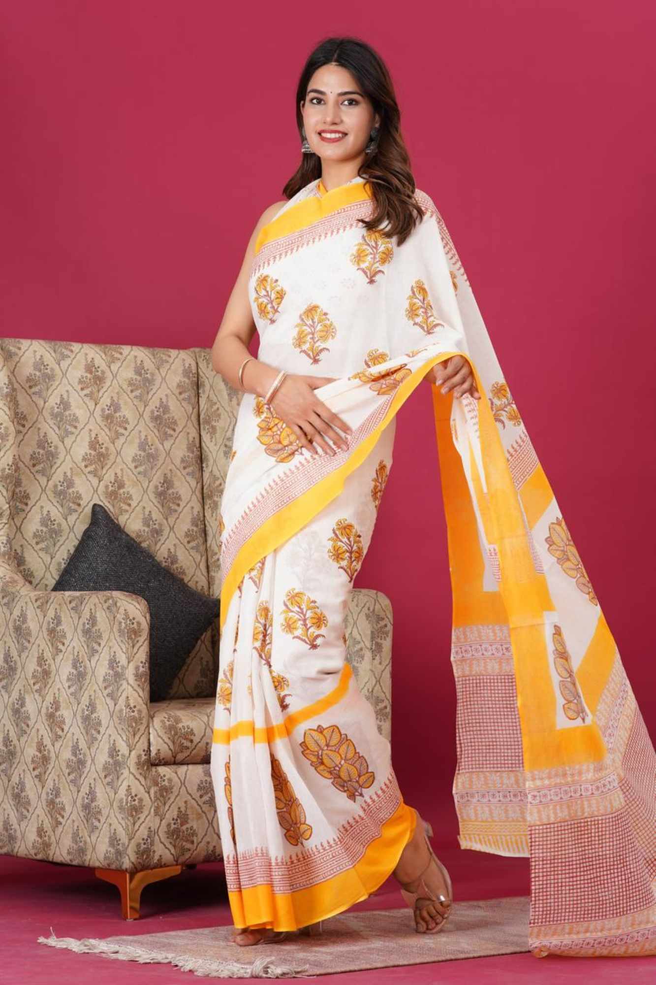Pure Cotton Mul Mul Vegetable Dye Jaipuri Sanganeri ready to wear saree