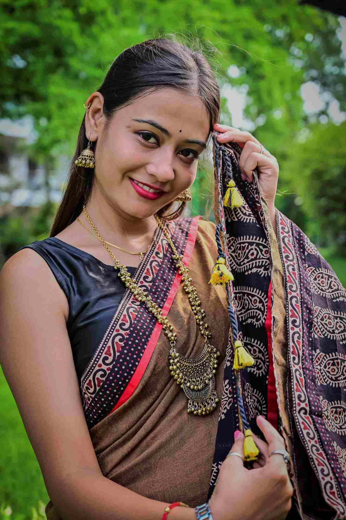 Olive Brown Cotton with Contrasting Black Ajrakh Border Ready To Wear Saree