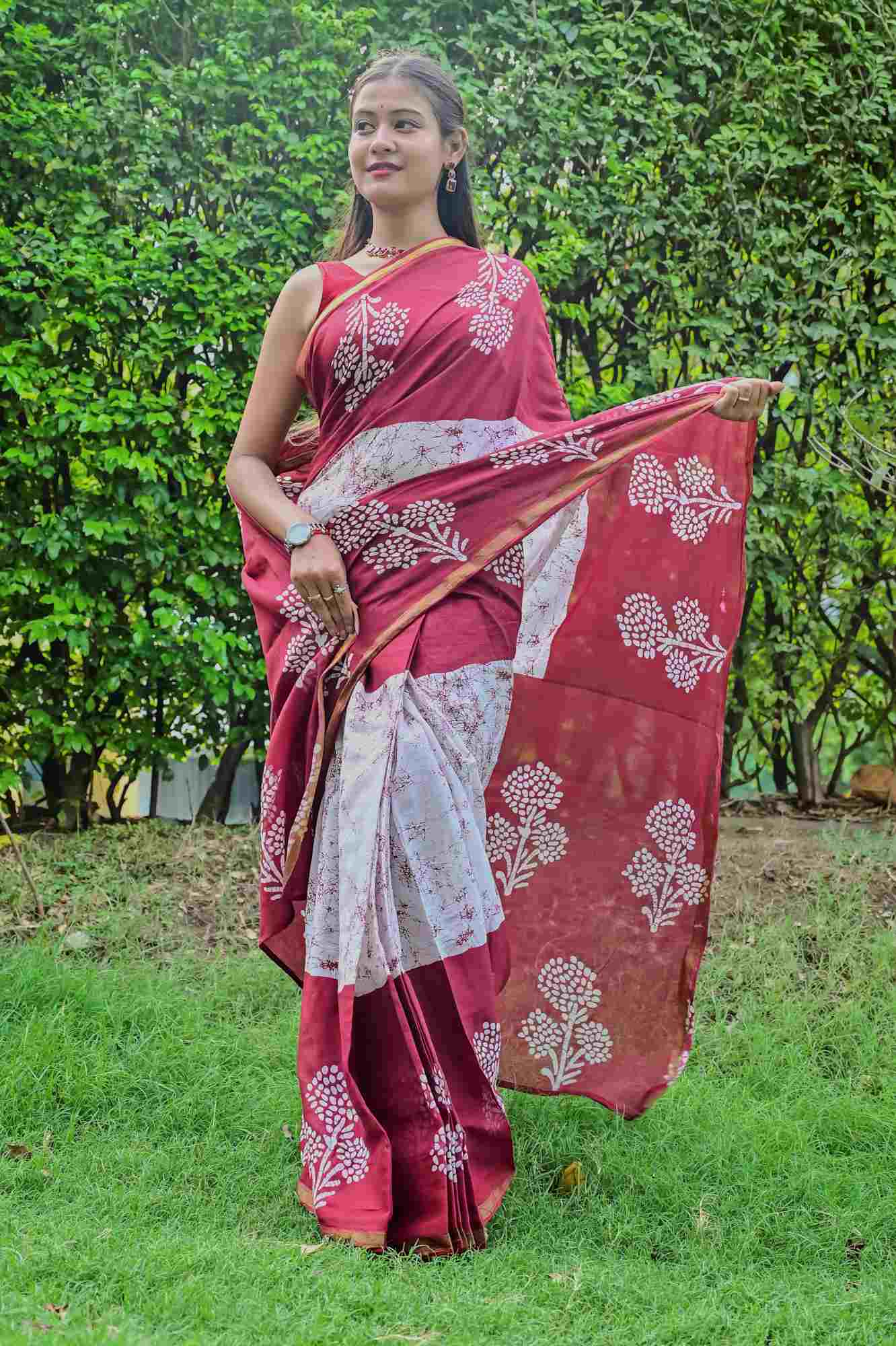 Cotton Hand Block Printed in Maroon and White Ready To Wear Saree