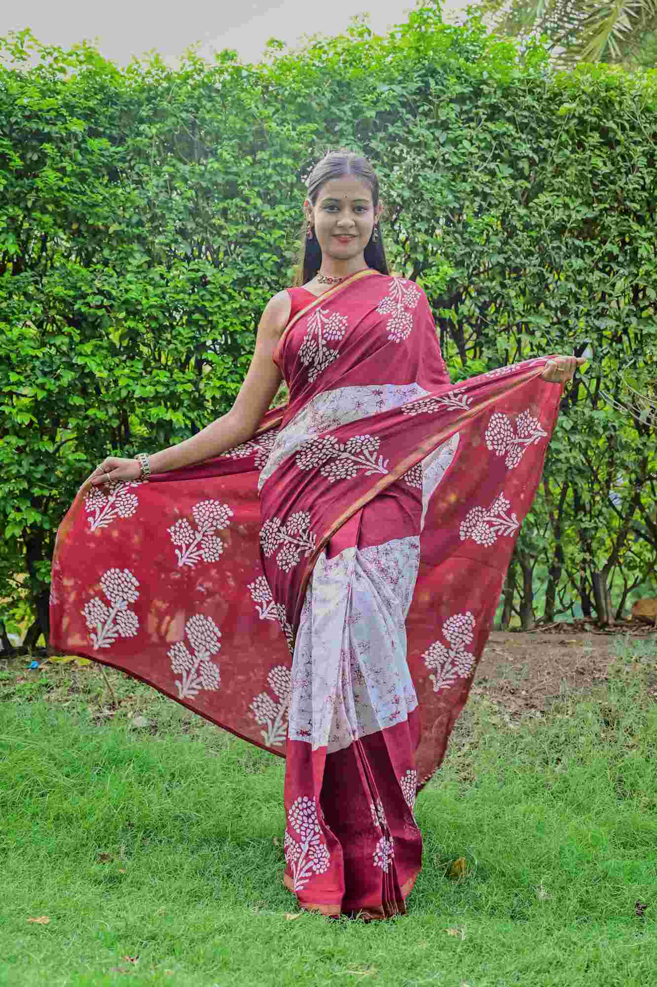 Cotton Hand Block Printed in Maroon and White Ready To Wear Saree