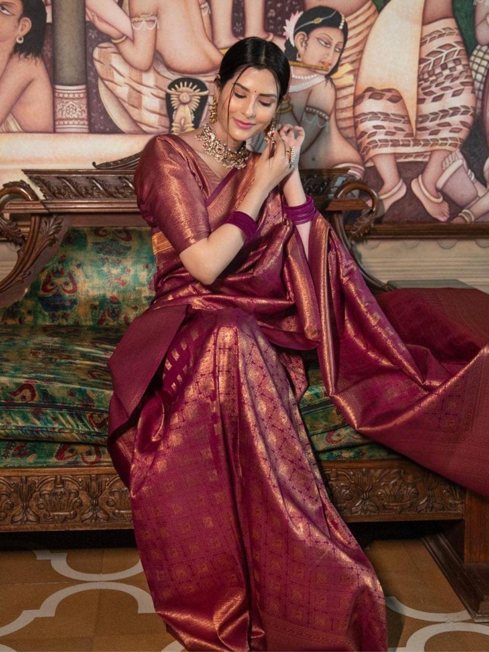 Maroon Soft Lichi Silk Saree with Woven Zari Design