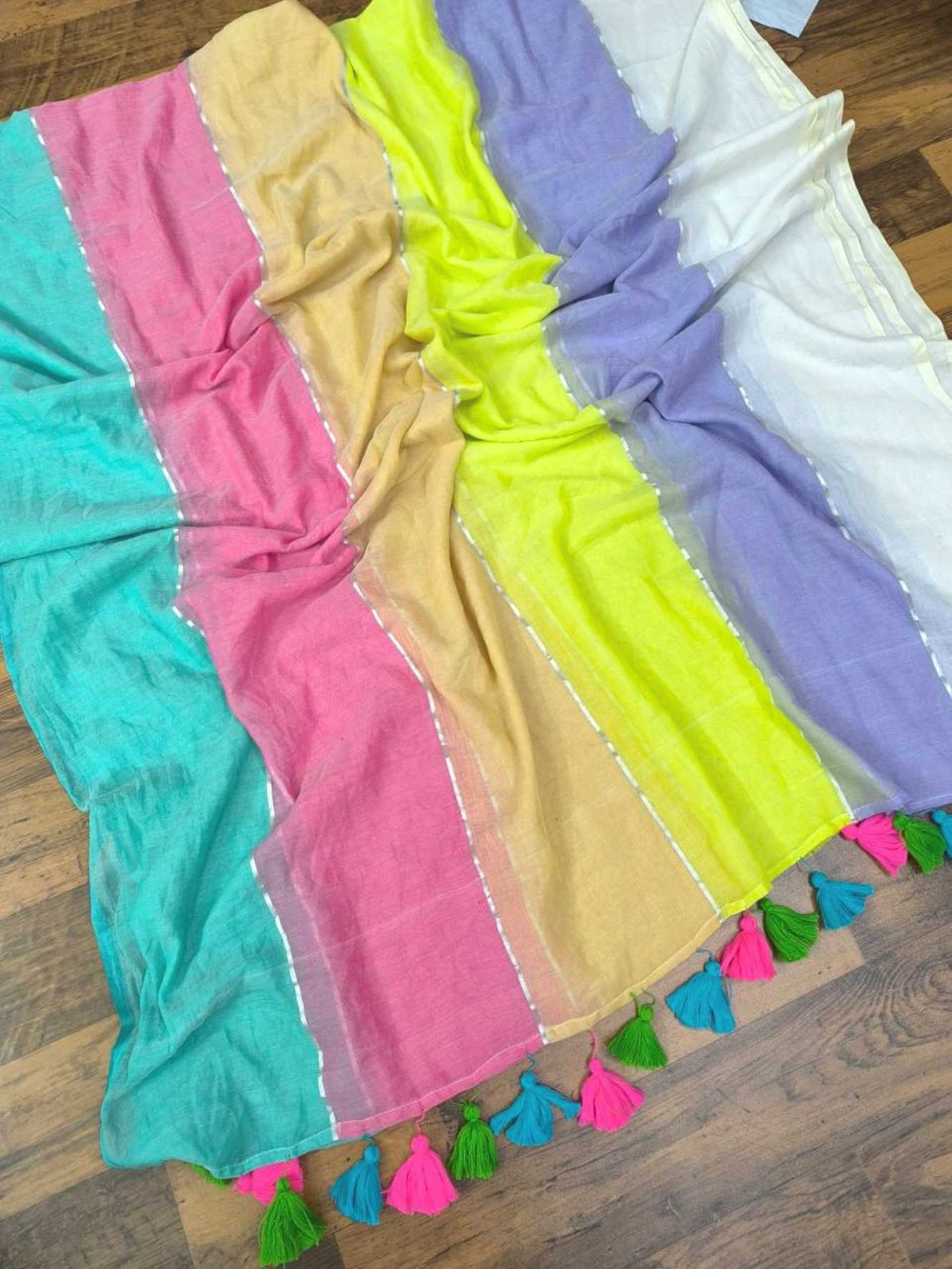 Pastel Mul Cotton with Multicolor Tassel Border Ready To Wear Saree