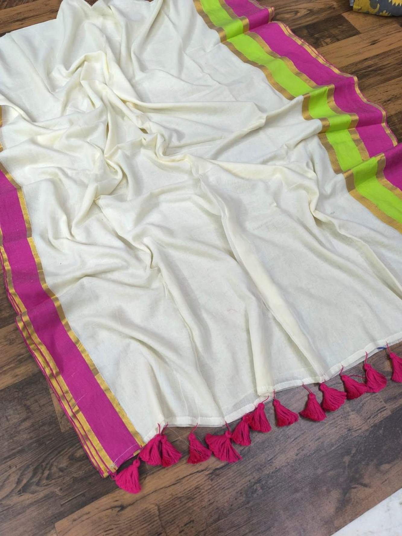 Pastel Striped Mul Cotton with Playful Tassel Border Ready To wear Saree