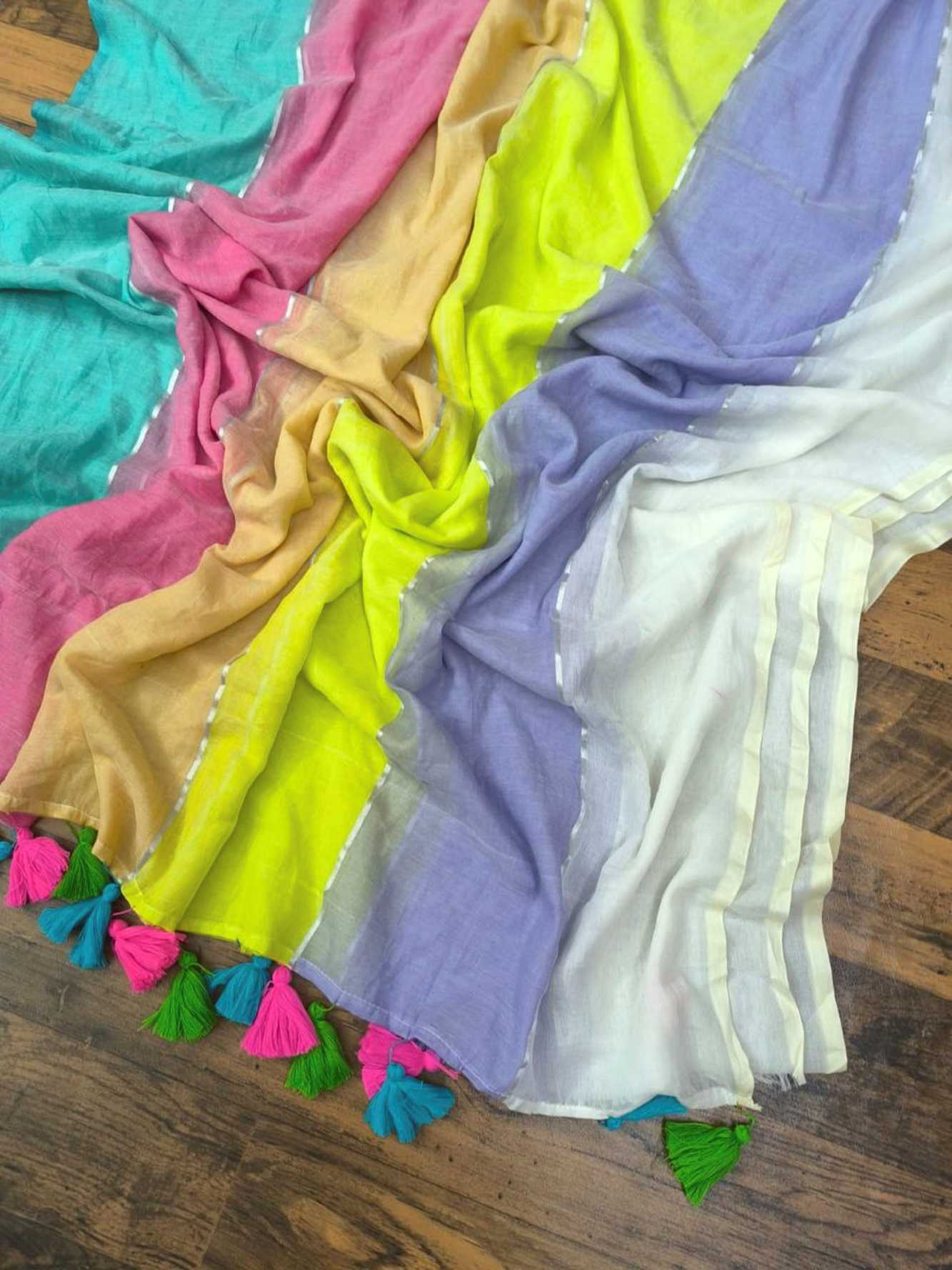 Pastel Mul Cotton with Multicolor Tassel Border Ready To Wear Saree