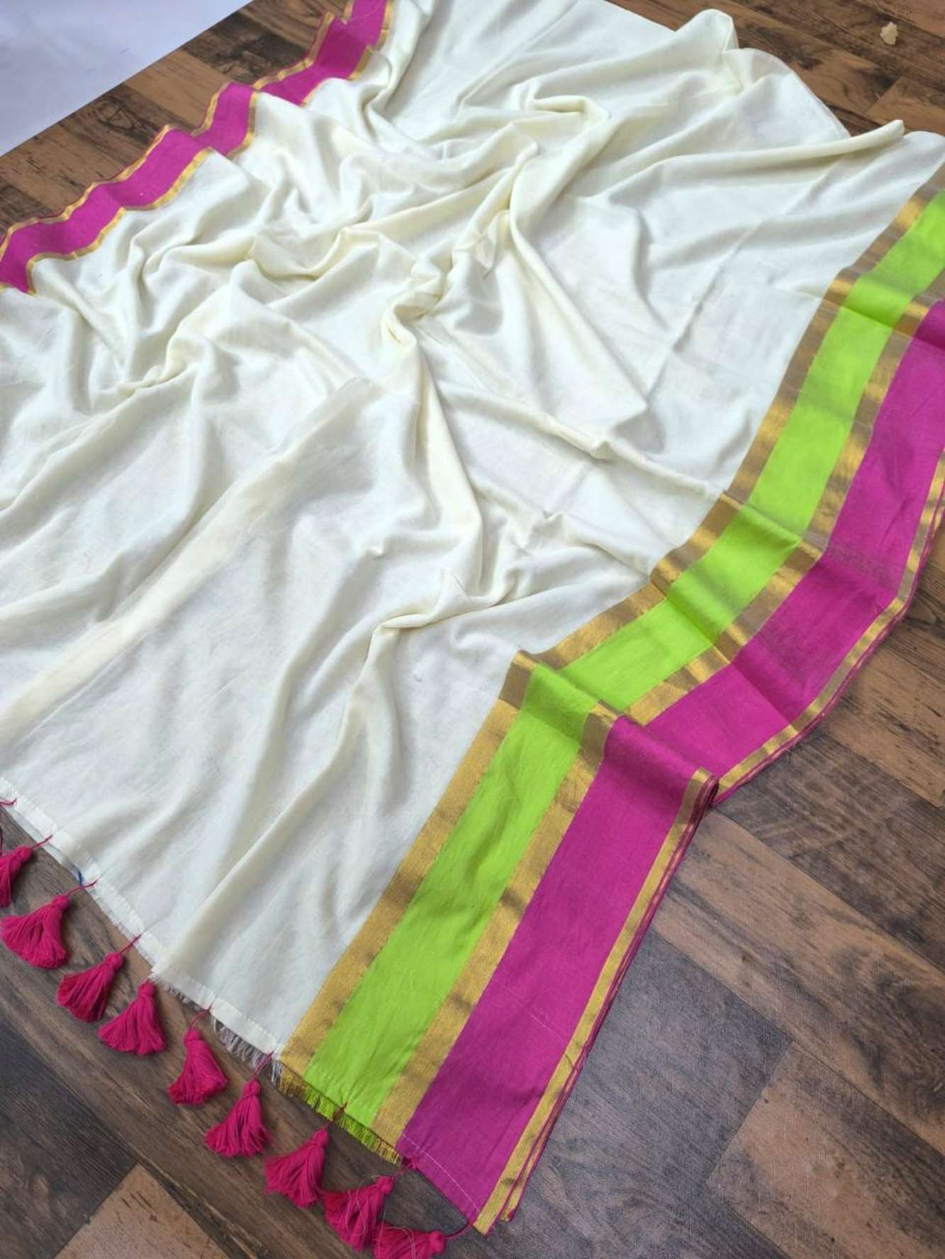 Pastel Striped Mul Cotton with Playful Tassel Border Ready To wear Saree