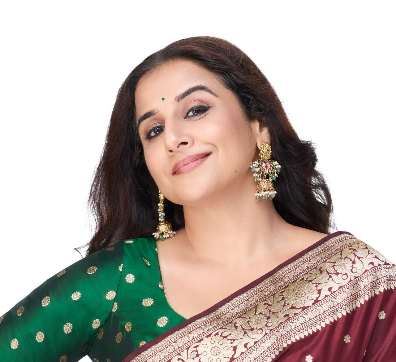 Celebrity Jadau Lakshmi Jhumkas with Dangling Beads | Shobitam Jewelry