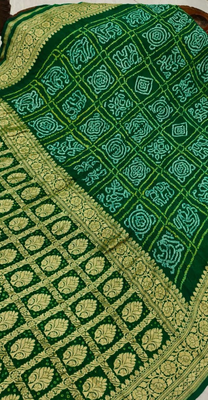 Green Sarkam Bandhej on Pure Banarasi Silk Georgette Saree with Half Gharchola and Half Jaal Design | SILK MARK CERTIFIED | Shobitam
