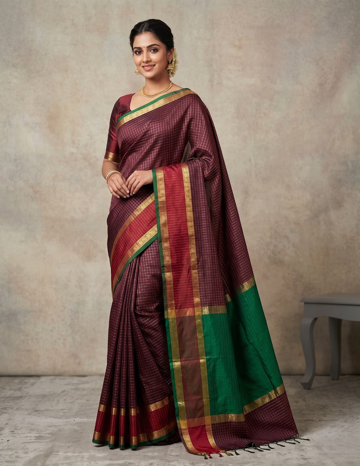 Maroon & Emerald Green Traditional Zari Border Silk Blend Ready To Wear Saree