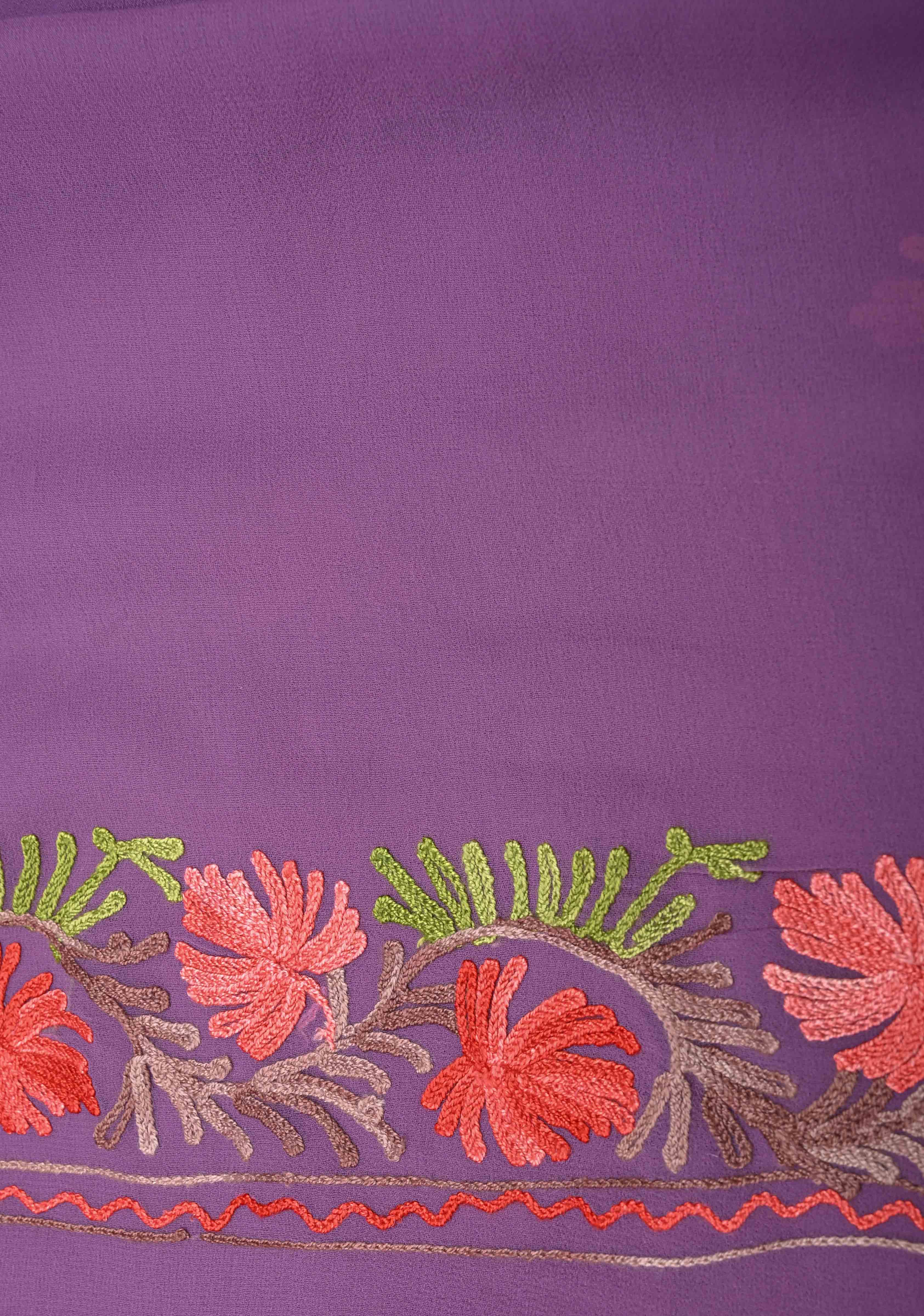 Dusty Purple Kashmiri Aari Georgette Saree with Floral Embroidery | Shobitam
