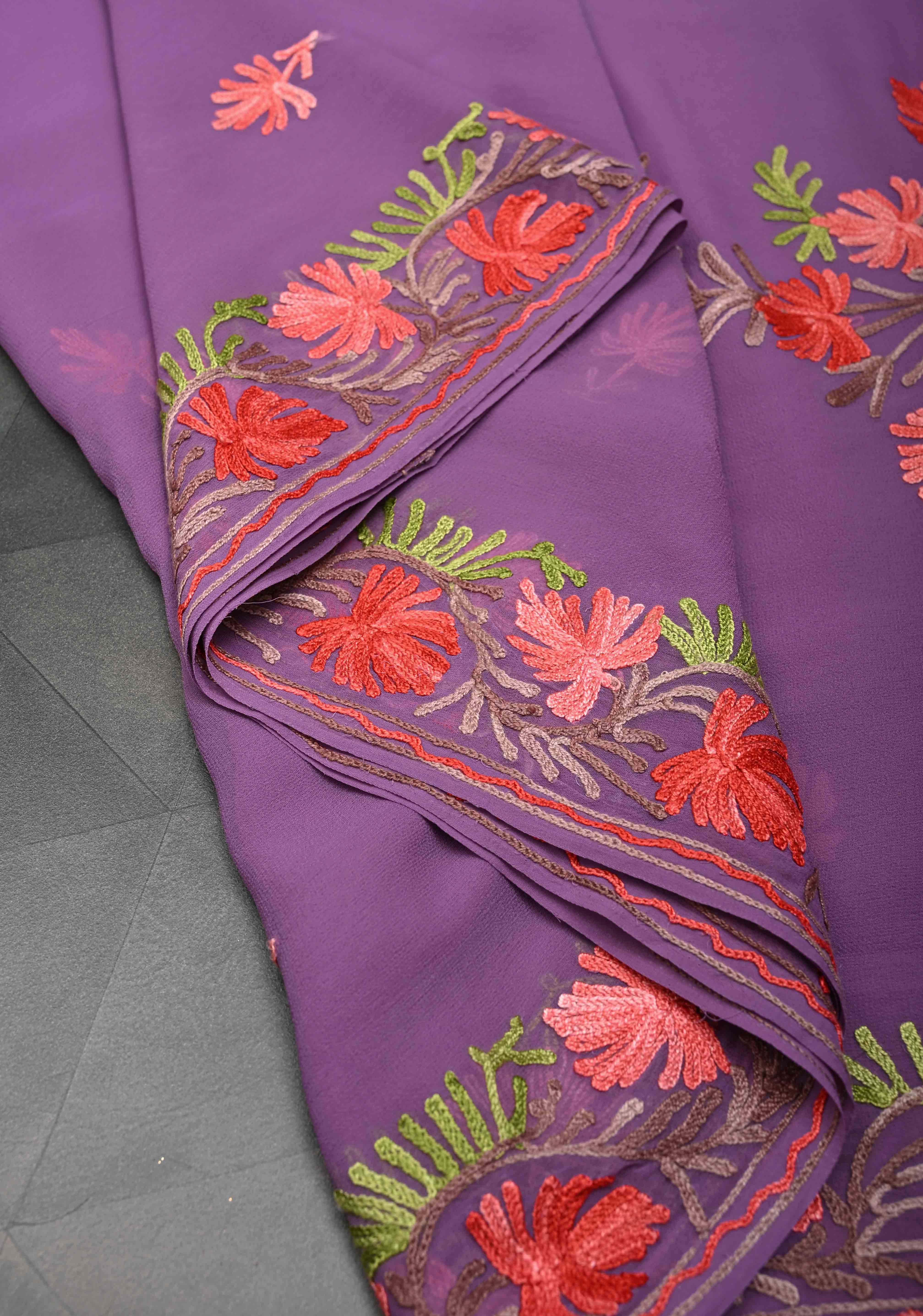 Dusty Purple Kashmiri Aari Georgette Saree with Floral Embroidery | Shobitam