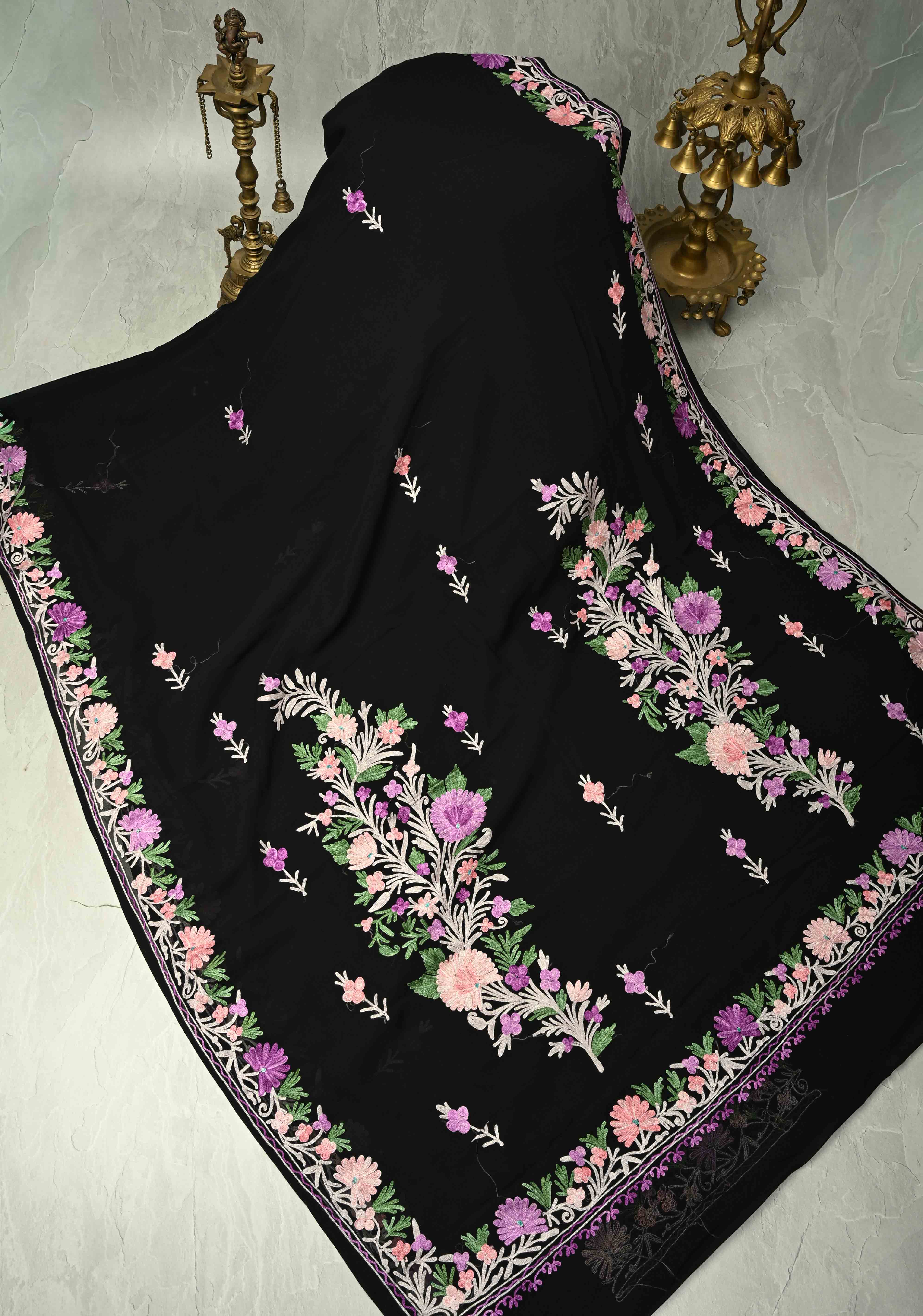 Black Kashmiri Aari Georgette Saree with Floral Embroidery | Shobitam