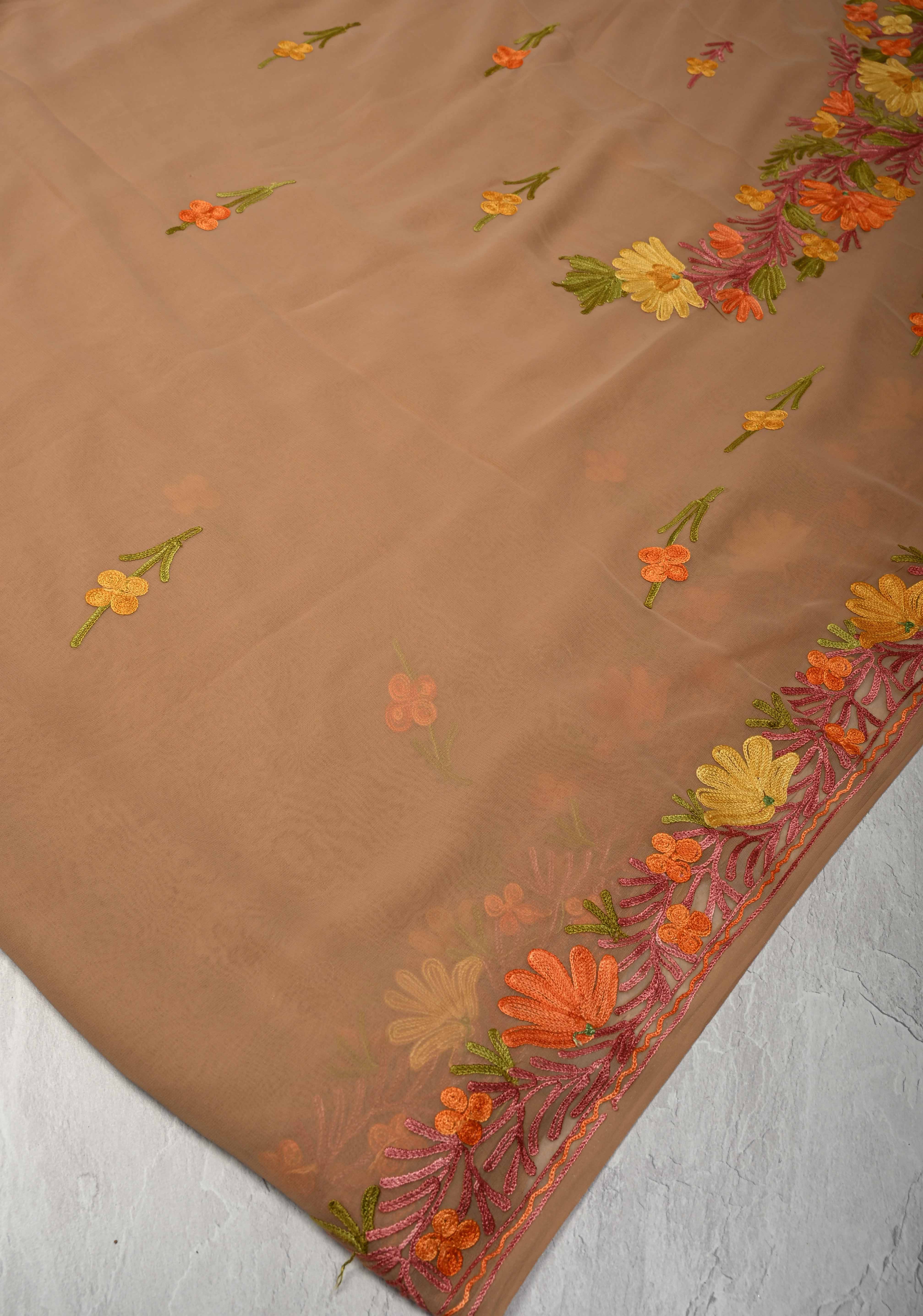 Tuscan Tan Kashmiri Aari Georgette Saree with Floral Embroidery | Shobitam