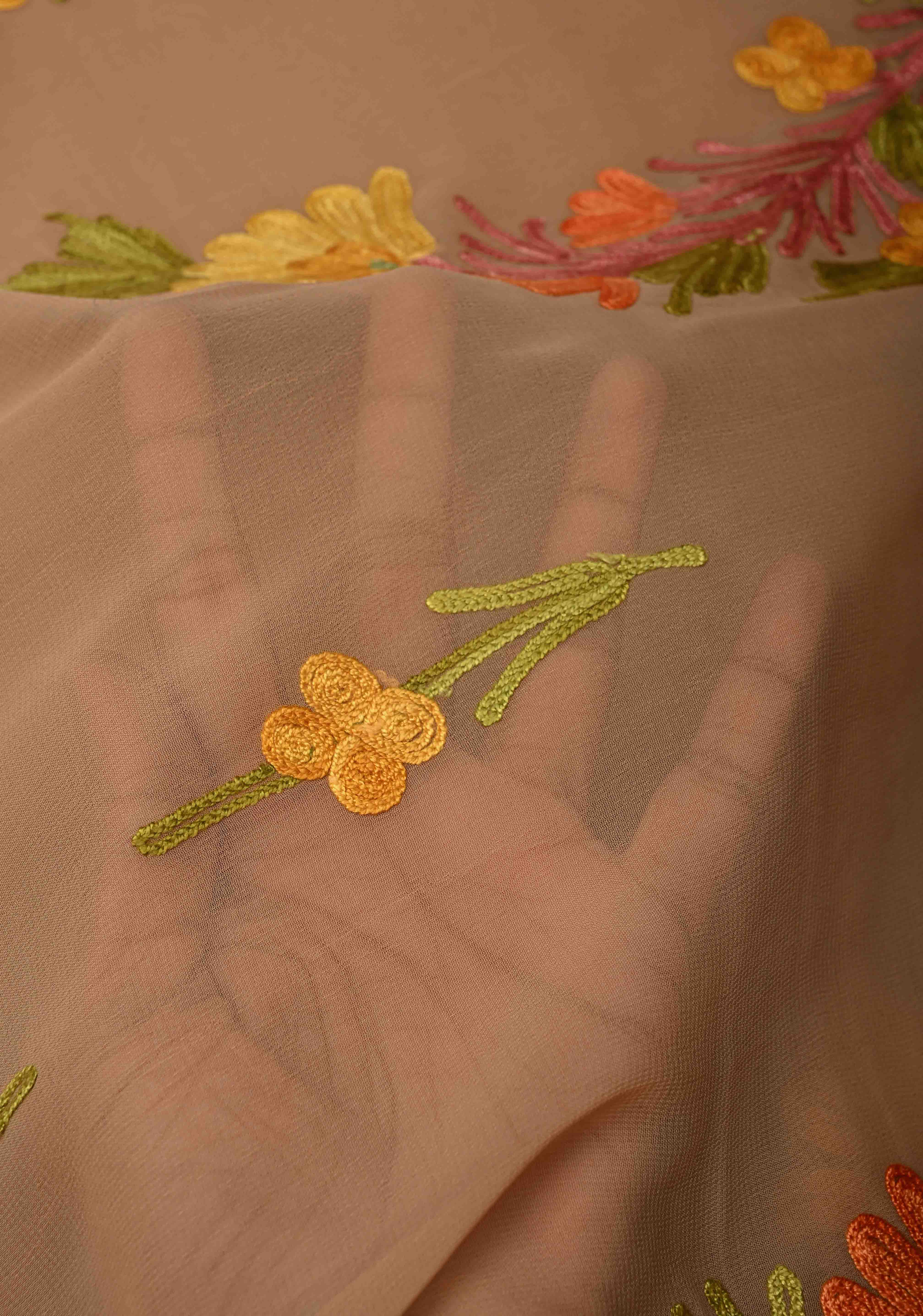 Tuscan Tan Kashmiri Aari Georgette Saree with Floral Embroidery | Shobitam