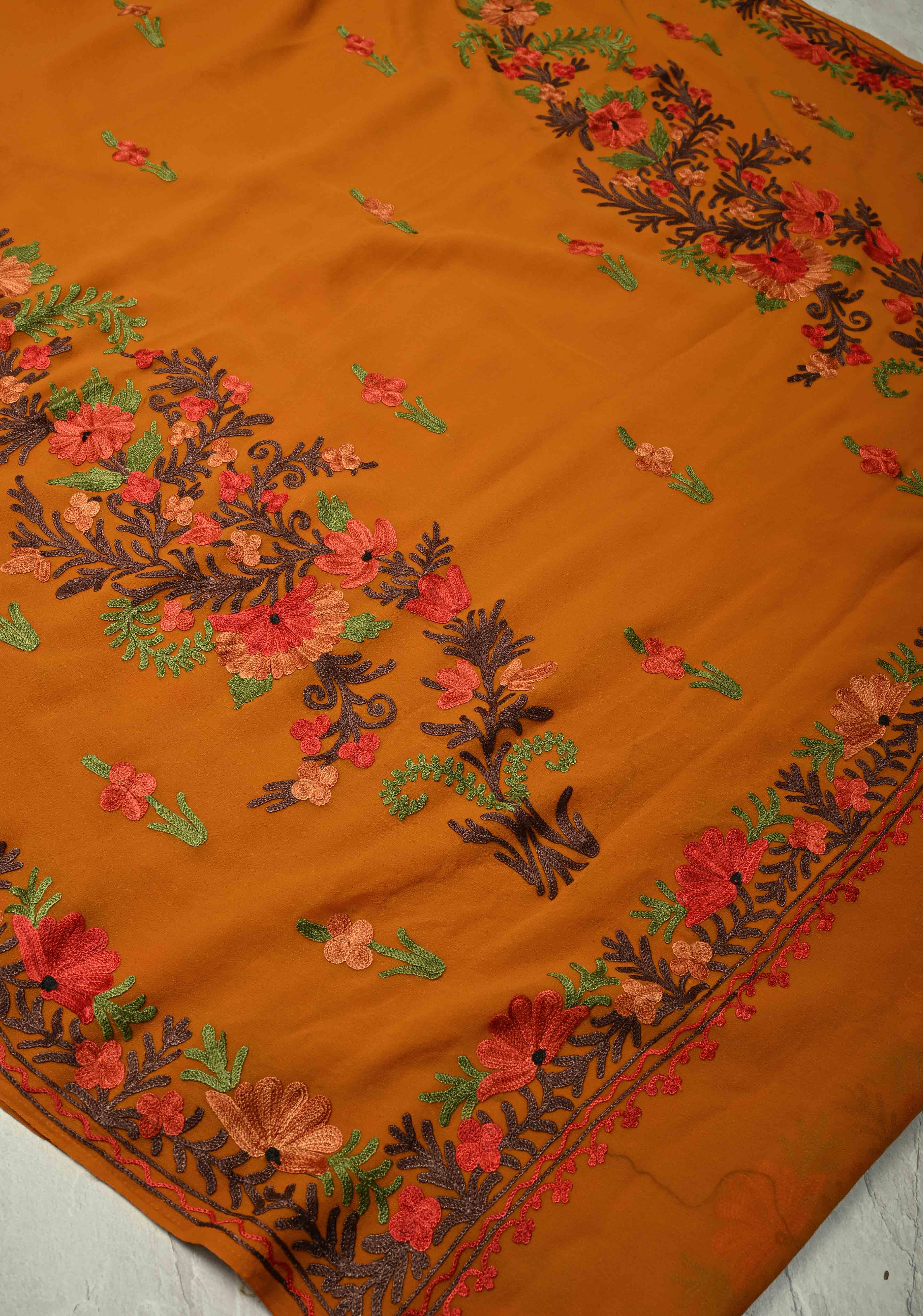 Light Brown Kashmiri Aari Georgette Saree with Floral Embroidery | Shobitam