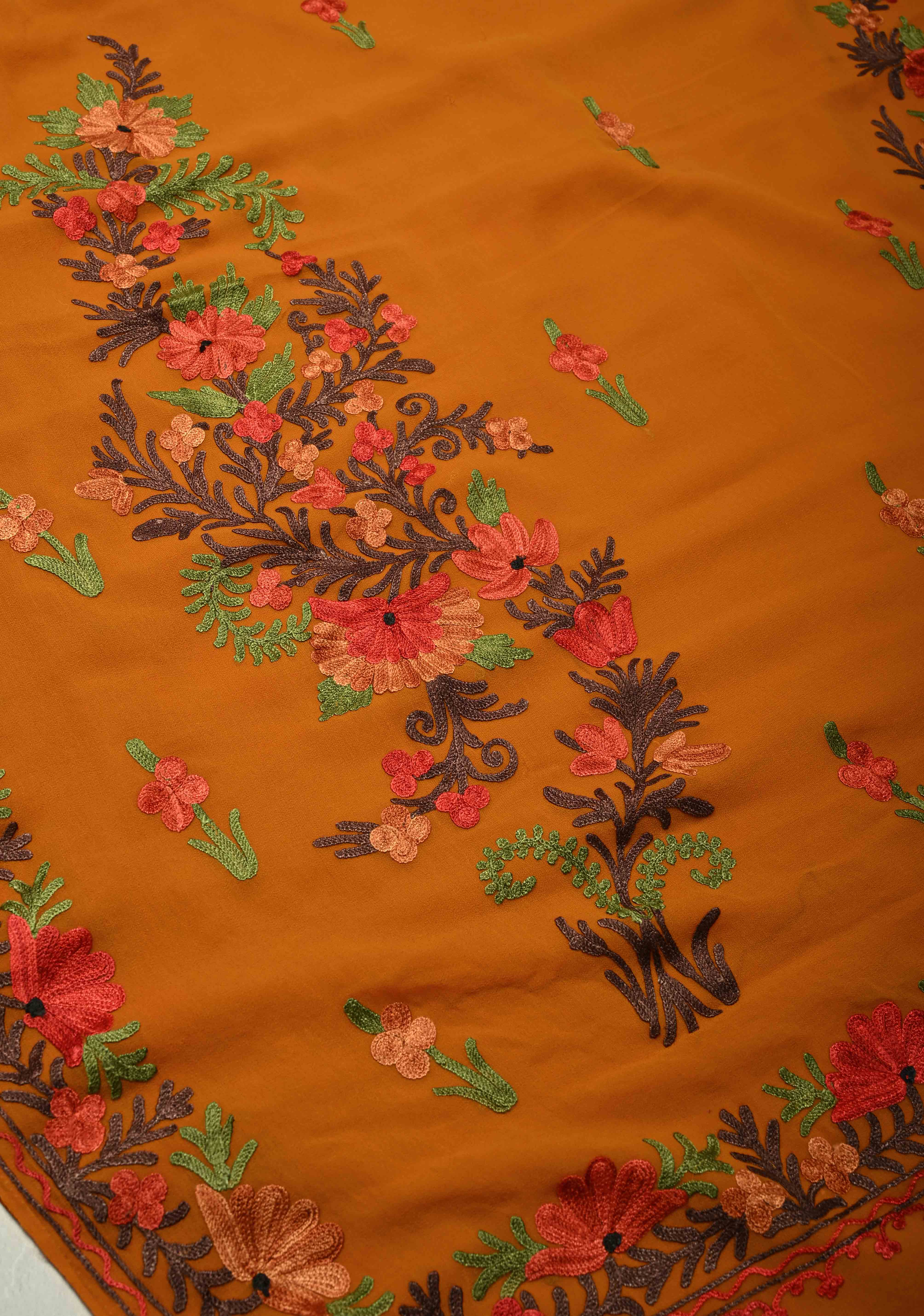 Light Brown Kashmiri Aari Georgette Saree with Floral Embroidery | Shobitam