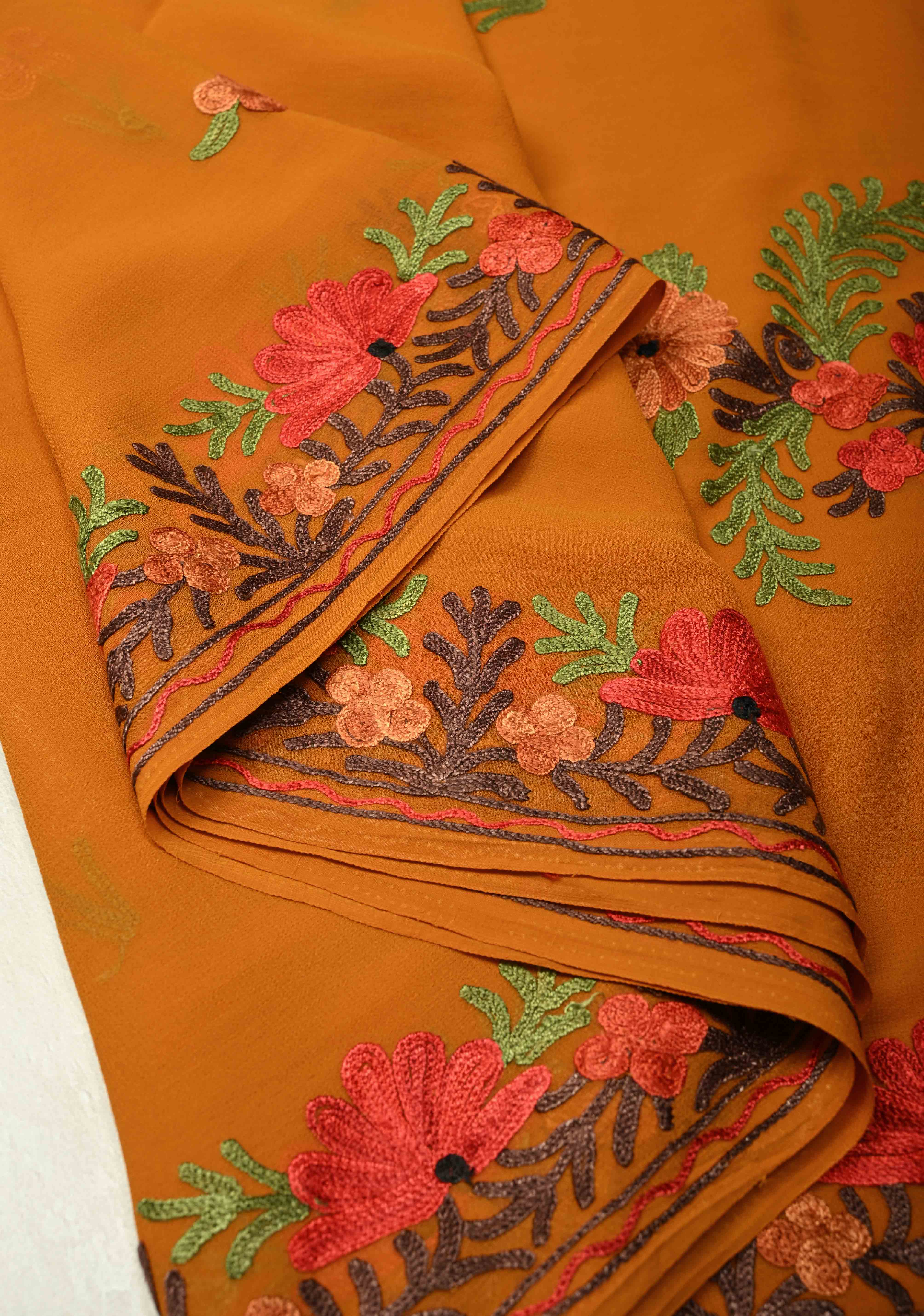 Light Brown Kashmiri Aari Georgette Saree with Floral Embroidery | Shobitam