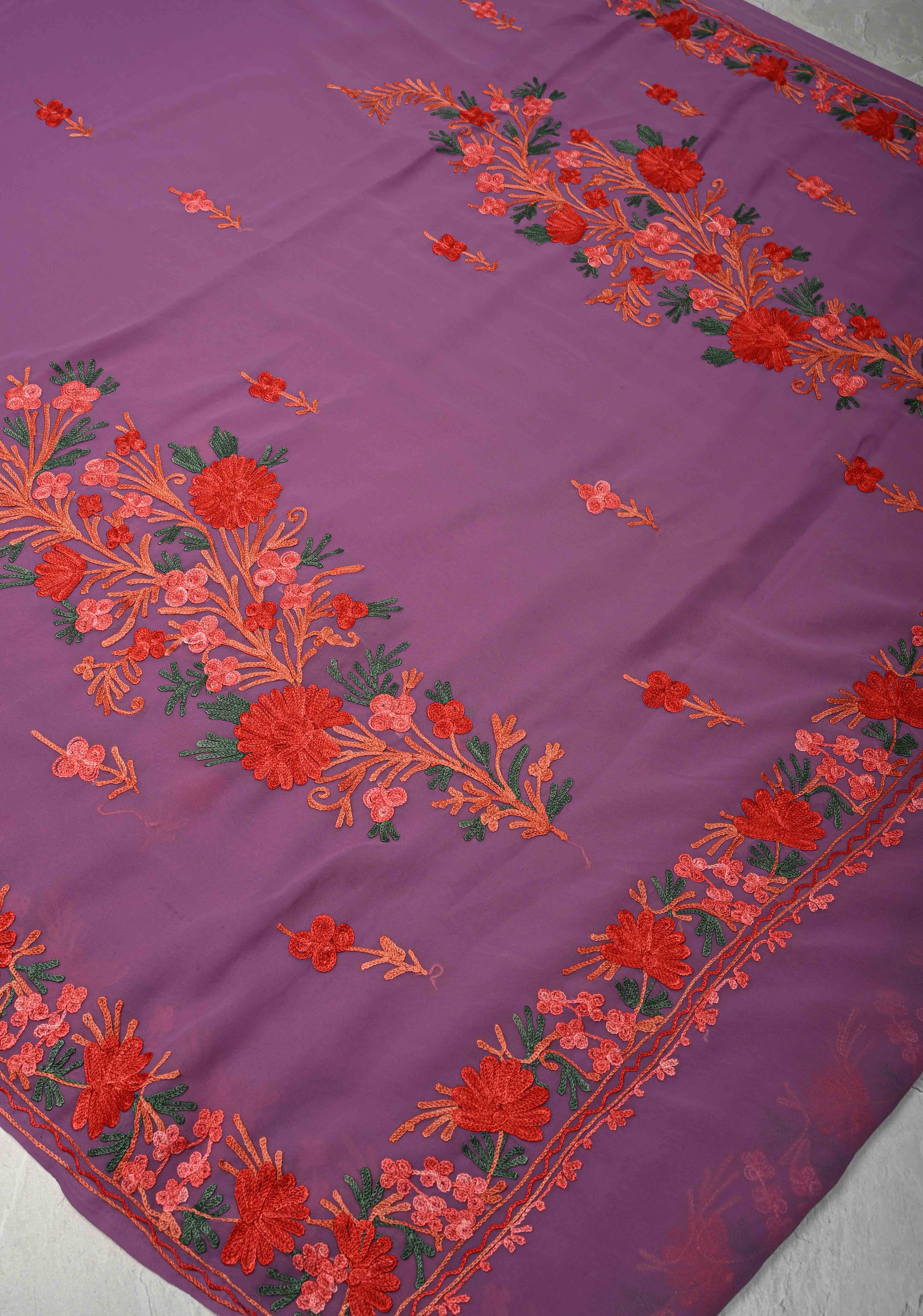 Purple Kashmiri Aari Georgette Saree with Floral Embroidery | Shobitam
