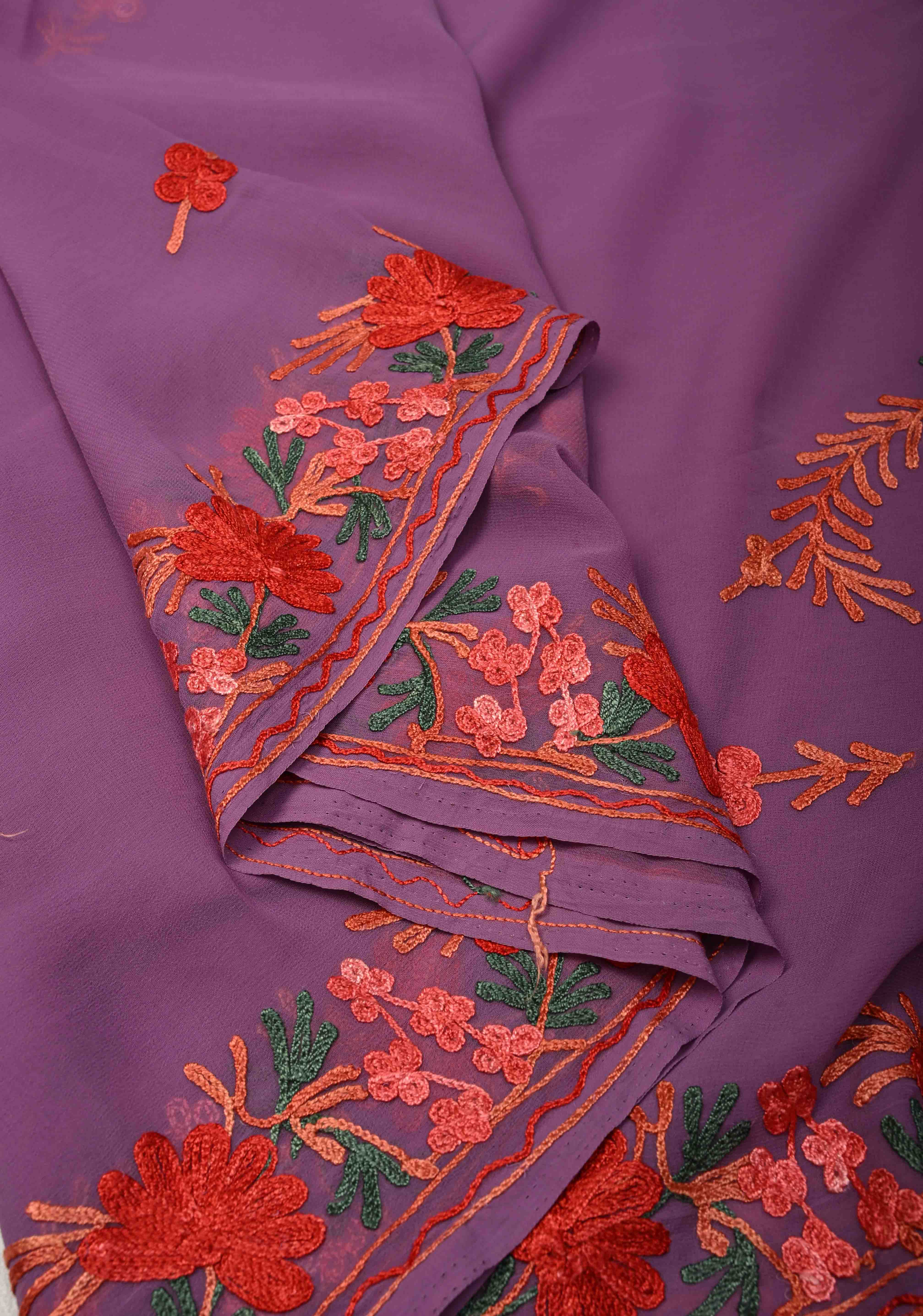 Purple Kashmiri Aari Georgette Saree with Floral Embroidery | Shobitam