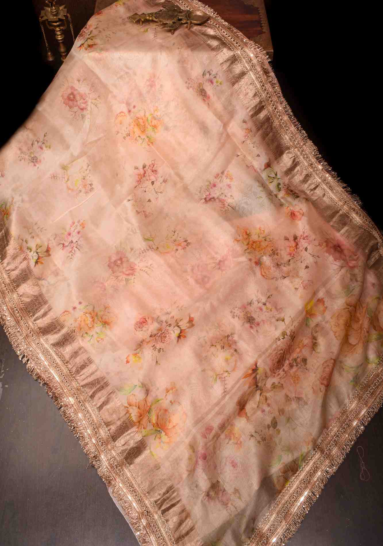 Pinkish Tan Pure Organza Silk Saree with Floral Digital Print and Lace Trim Border | SILK MARK CERTIFIED Ready To Wear Saree