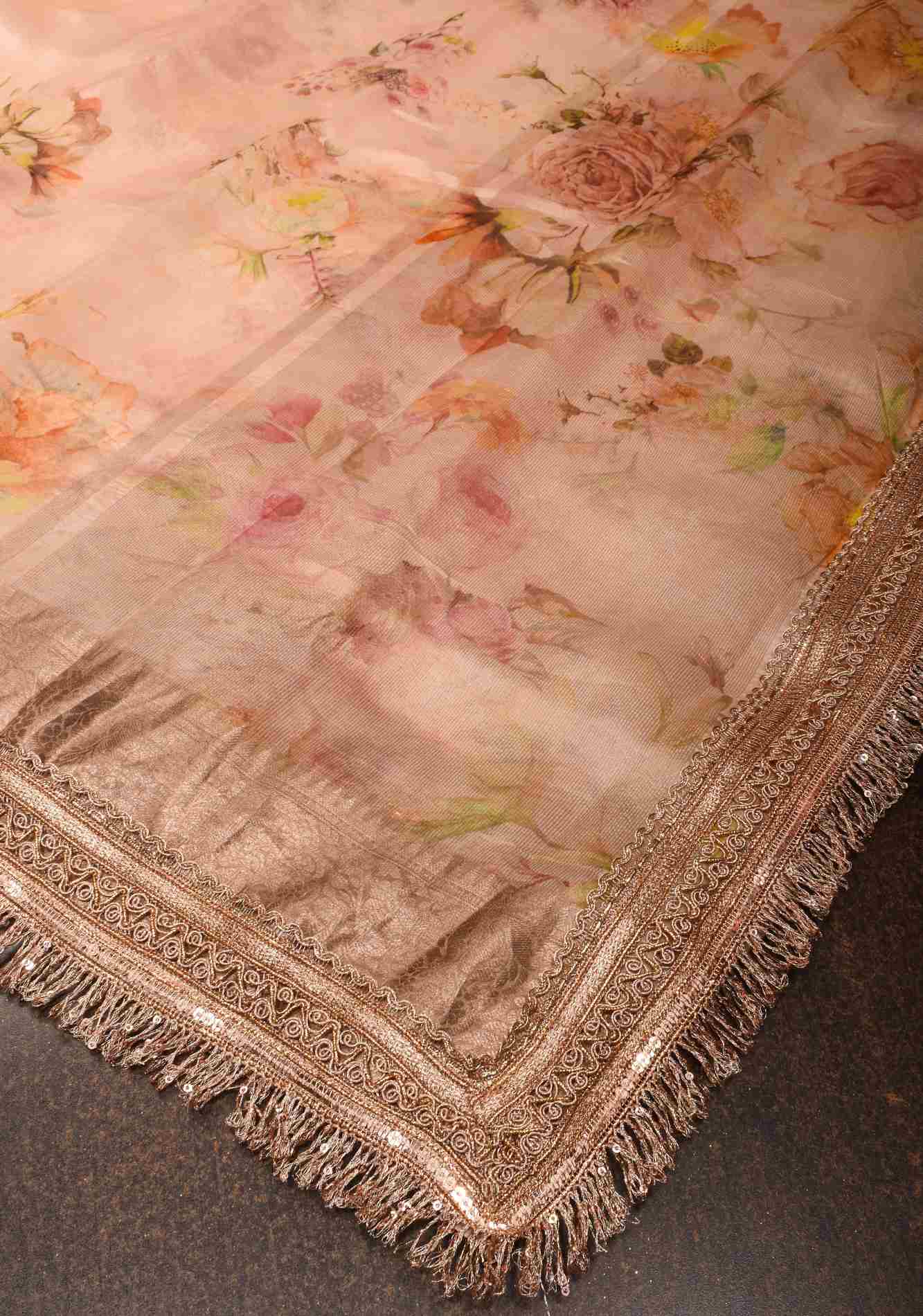 Pinkish Tan Pure Organza Silk Saree with Floral Digital Print and Lace Trim Border | SILK MARK CERTIFIED Ready To Wear Saree