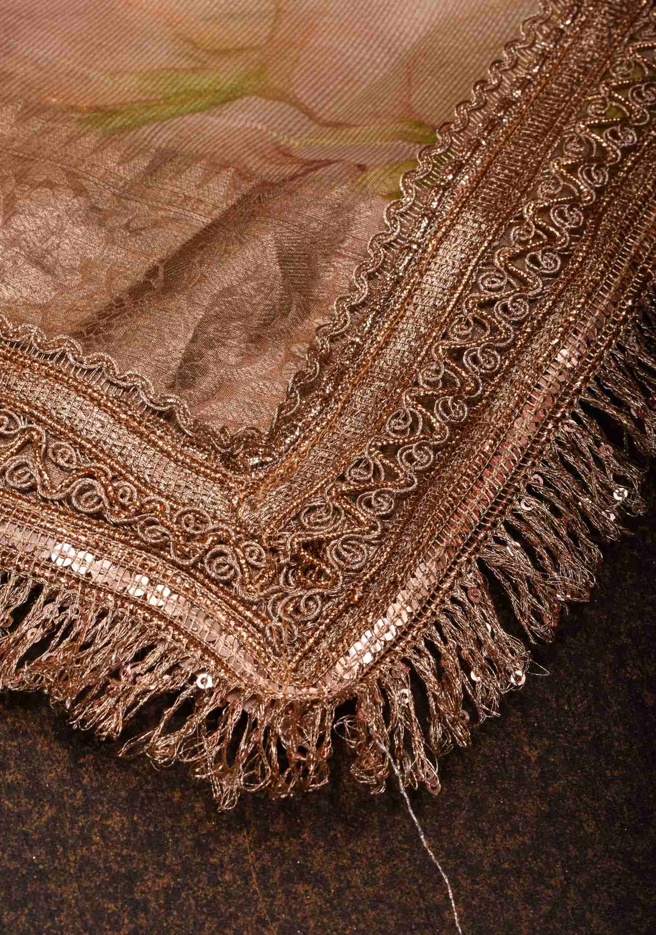 Pinkish Tan Pure Organza Silk Saree with Floral Digital Print and Lace Trim Border | SILK MARK CERTIFIED Ready To Wear Saree