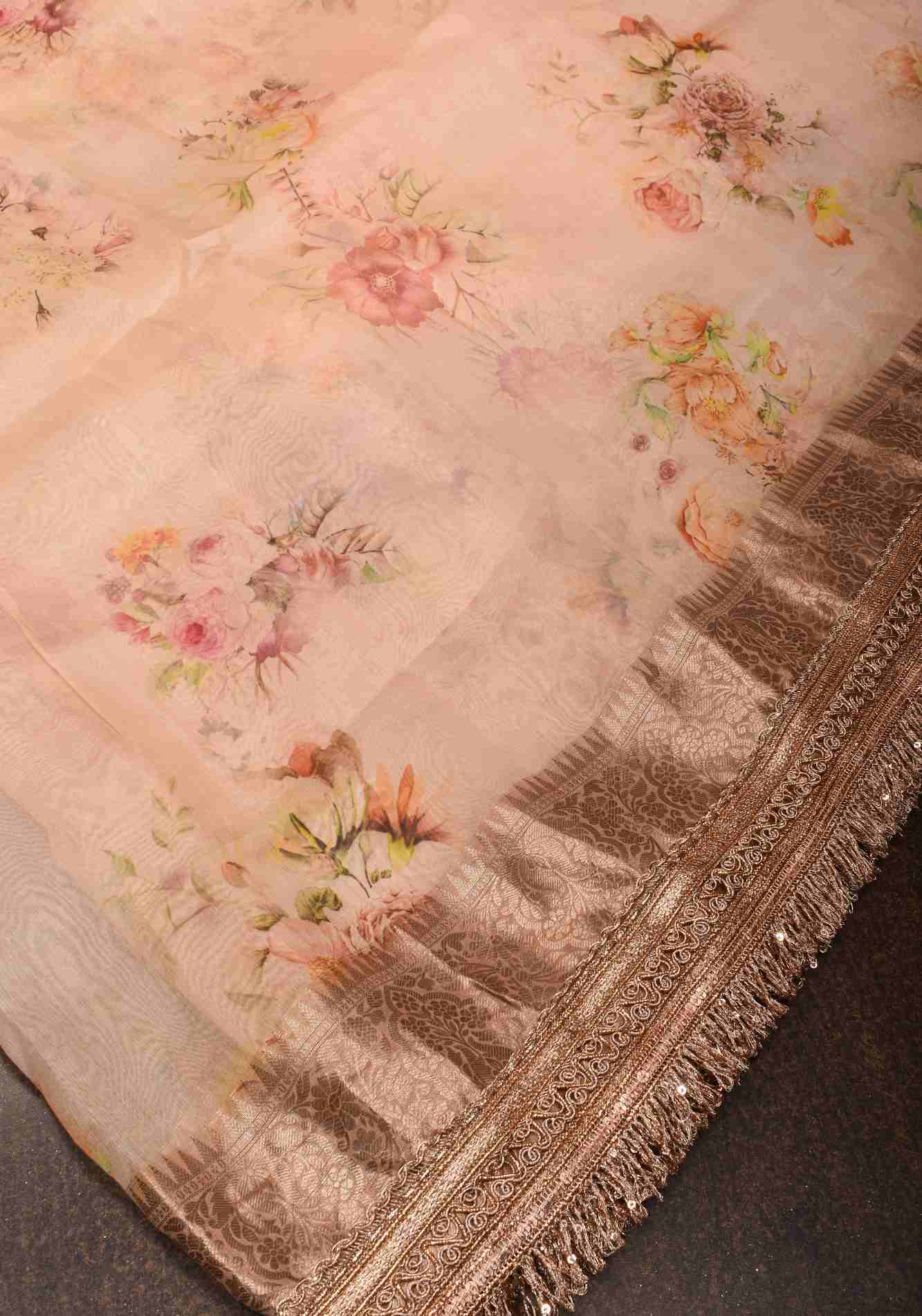 Pinkish Tan Pure Organza Silk Saree with Floral Digital Print and Lace Trim Border | SILK MARK CERTIFIED Ready To Wear Saree